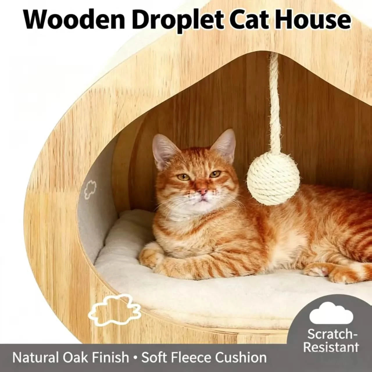Modern Solid Wood Cat House with Scratching Wall, Cozy Cave Hideout for Indoor Cats