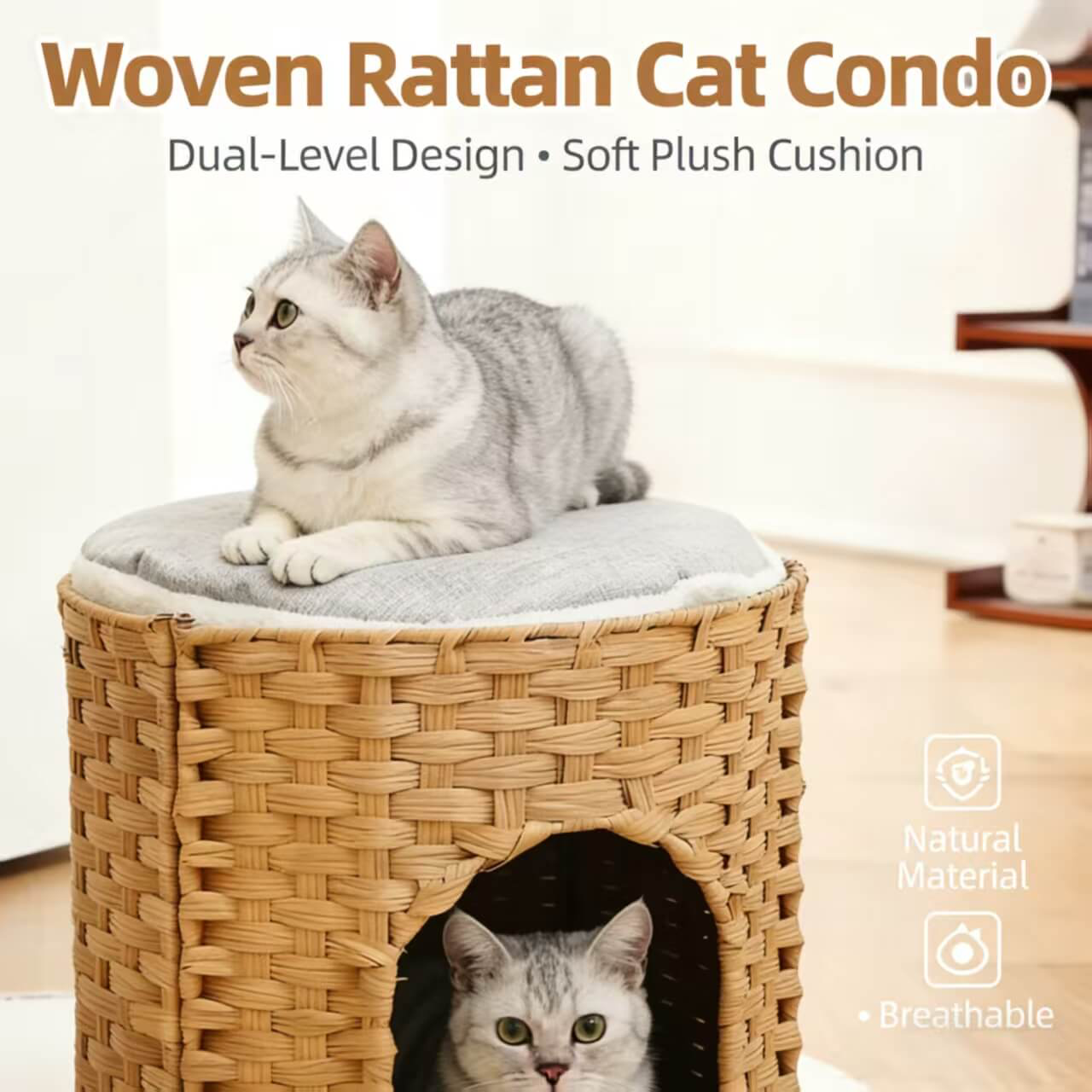 Premium Handwoven Rattan Cat House: Large Double Bed for Indoor Cats