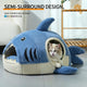  Cat Bed, Shark Shape, Fluffy Plush, Blue/White, Open Mouth Entrance, All-Season