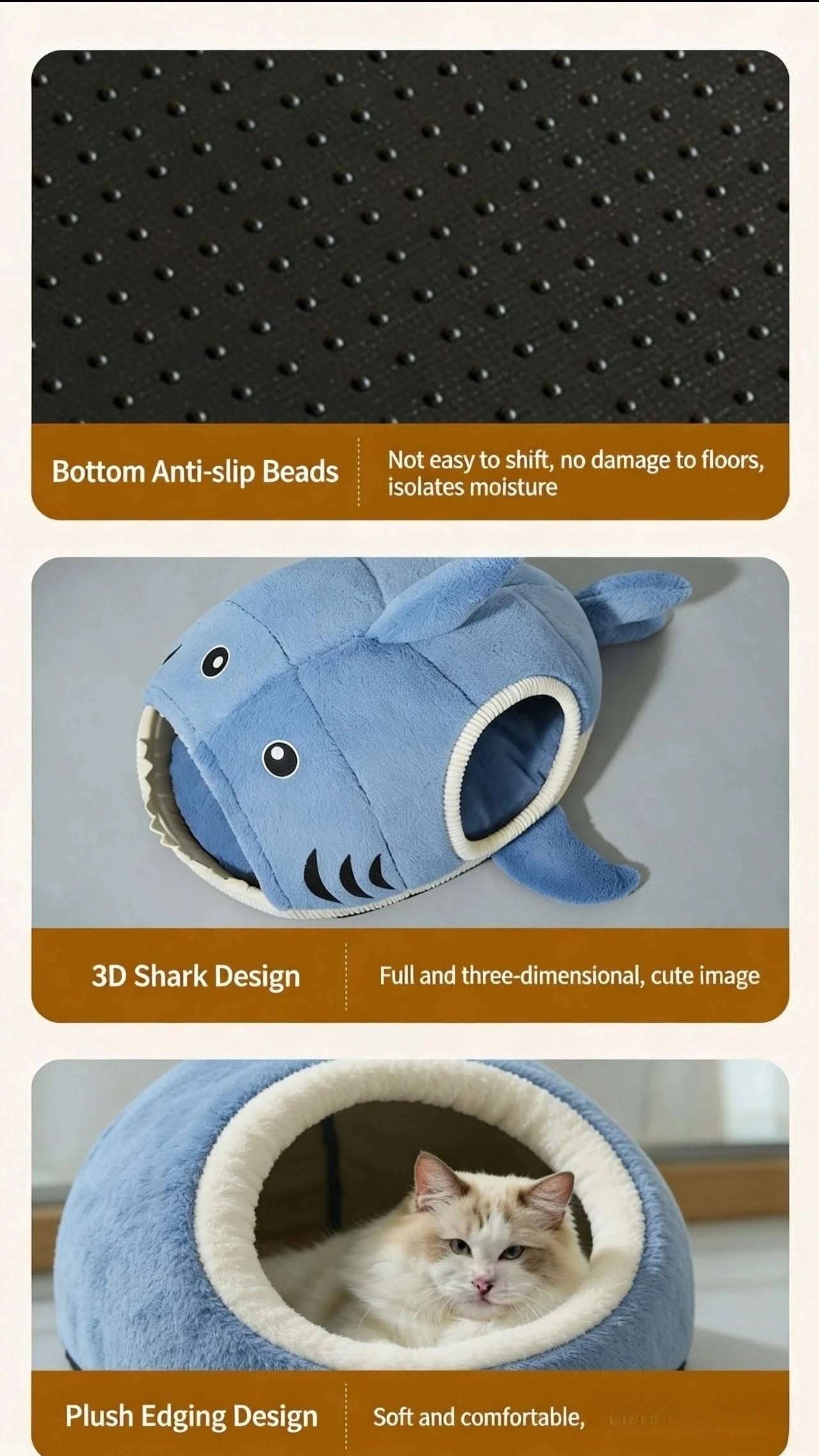  Cat Bed, Shark Shape, Fluffy Plush, Blue/White, Open Mouth Entrance, All-Season