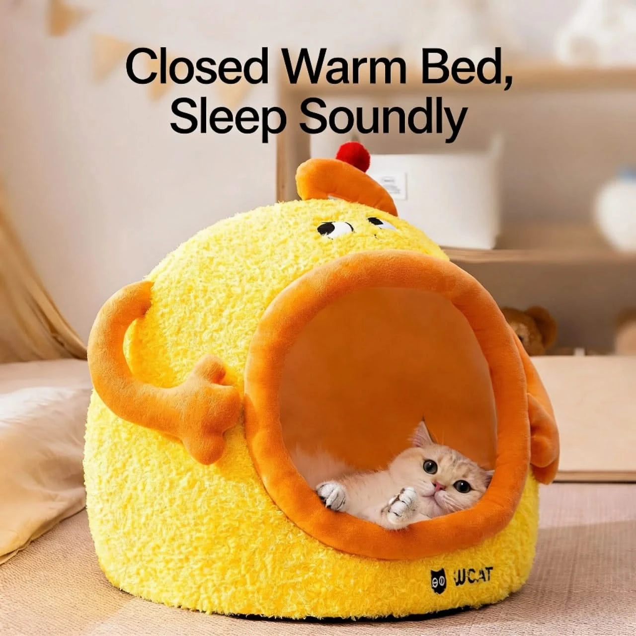 Lazy Cat Bed, Drowsy Eye Accent, Plush Fabric, Orange, Cozy Cave Nest, All-Season