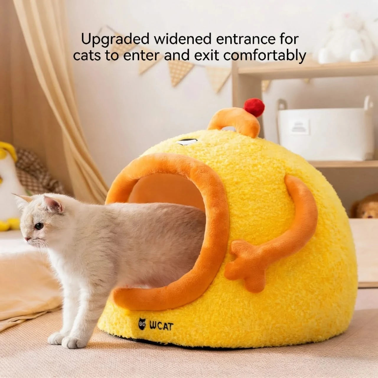 Lazy Cat Bed, Drowsy Eye Accent, Plush Fabric, Orange, Cozy Cave Nest, All-Season