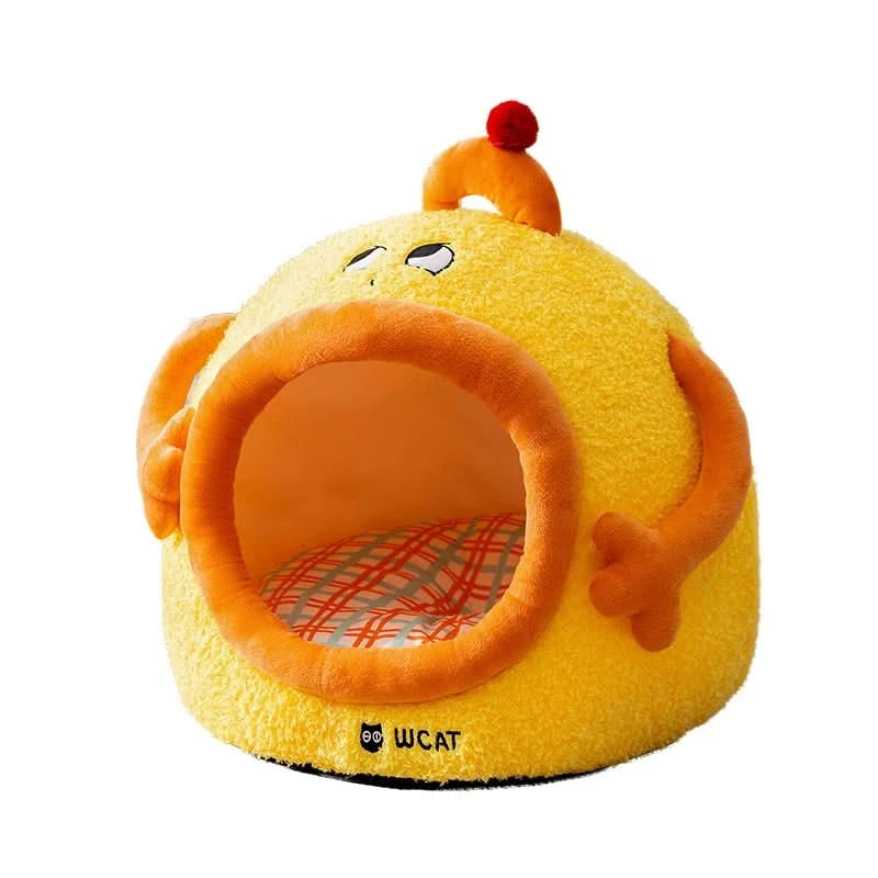 Lazy Cat Bed, Drowsy Eye Accent, Plush Fabric, Orange, Cozy Cave Nest, All-Season