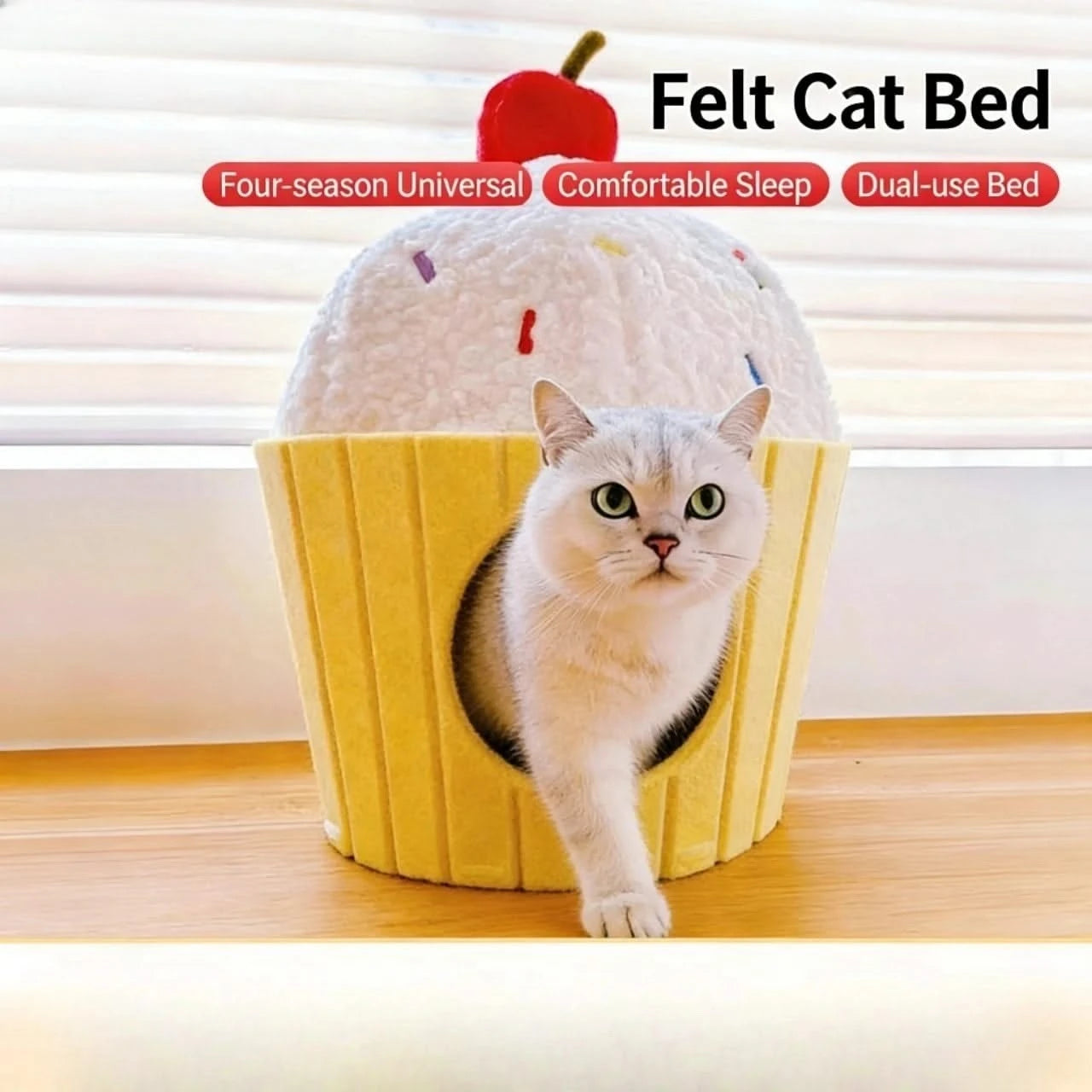 Multi-Functional Cat Bed, Cupcake Shape, Play/Sleep Dual Purpose, Felt & Plush