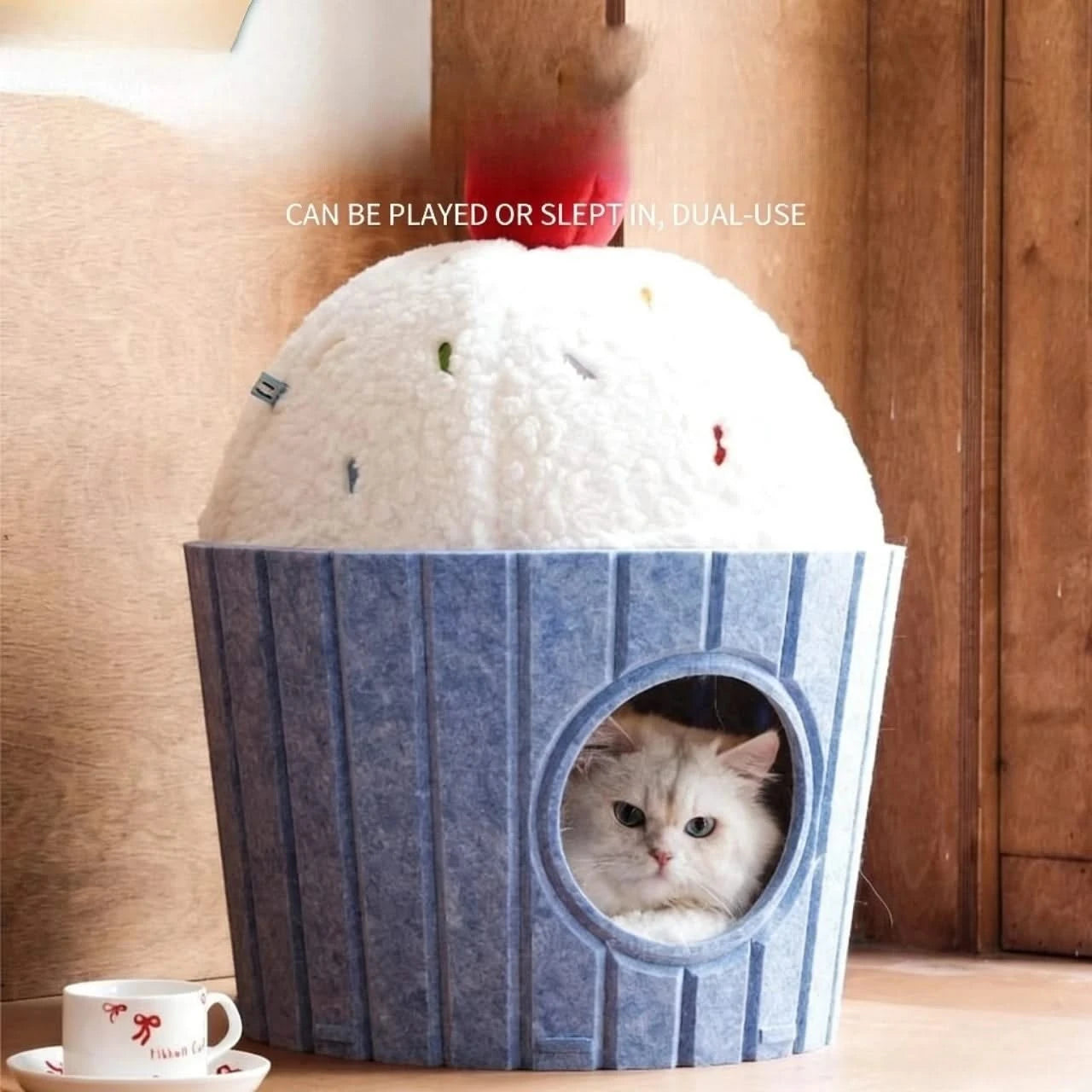 Multi-Functional Cat Bed, Cupcake Shape, Play/Sleep Dual Purpose, Felt & Plush