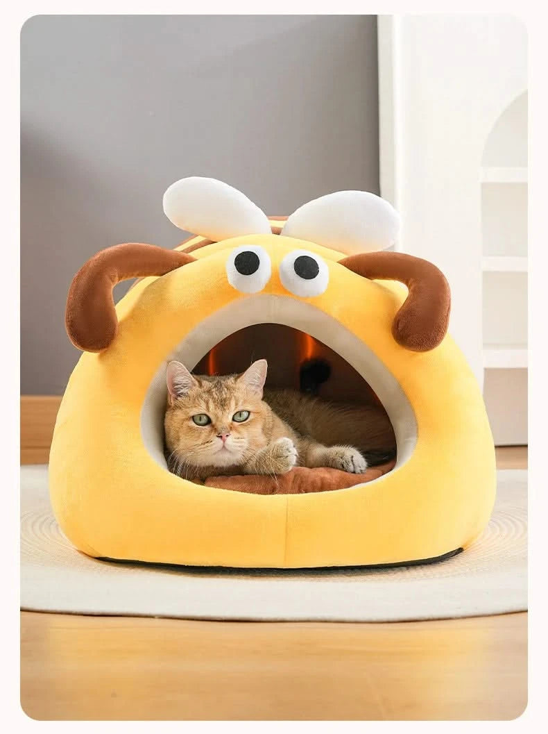 Cat Bed, Bee Shape, Soft Plush, Yellow/Brown, Fluffy Accents, Playful Nest