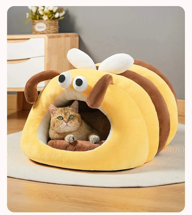 Cat Bed, Bee Shape, Soft Plush, Yellow/Brown, Fluffy Accents, Playful Nest