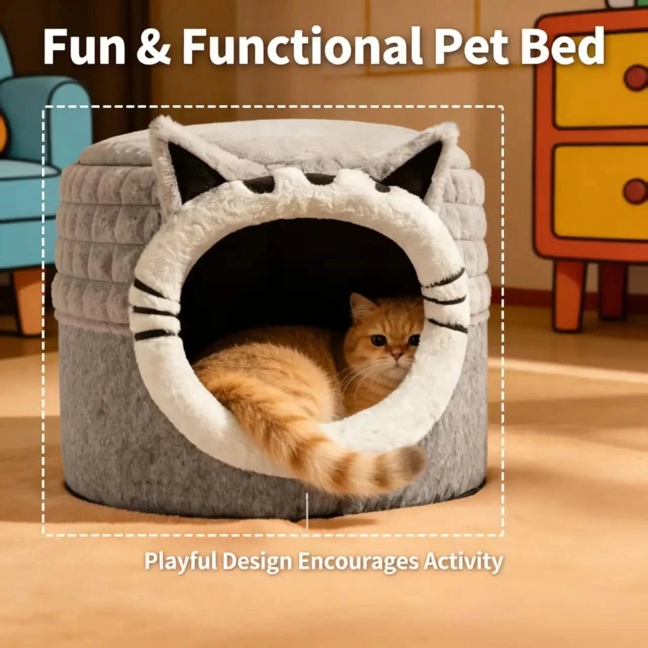 Cozy Enclosed Winter Cat Bed House - Warm Pet Nest for Kittens