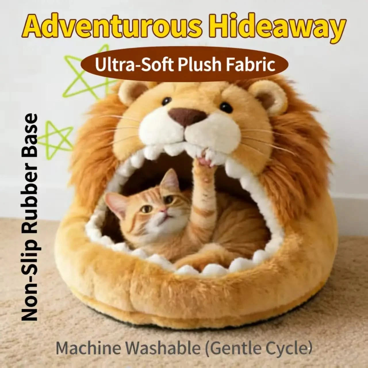 Cozy Cat Bed, Lion Head Cave Design, Soft Plush, Beige with Mane, Premium Material