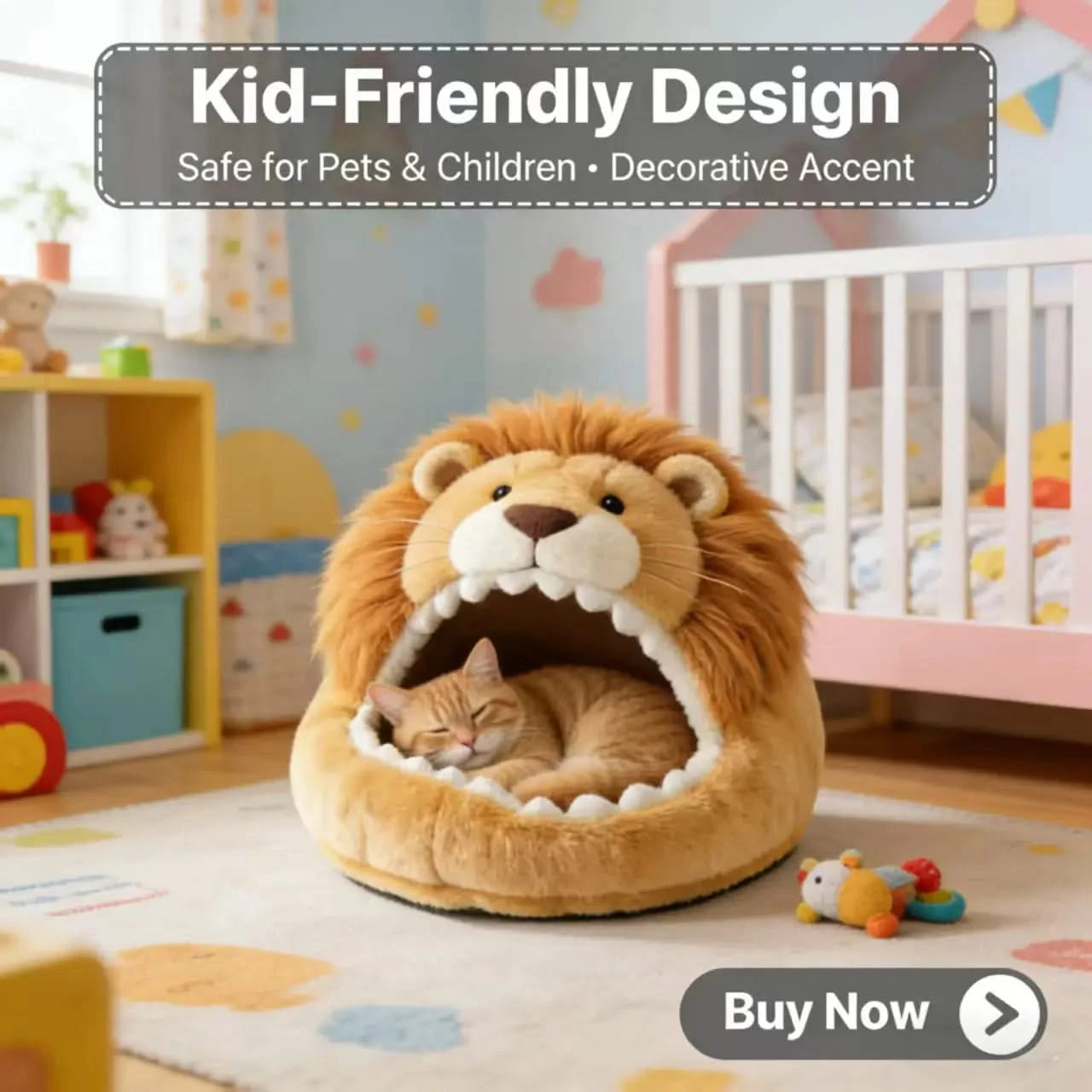 Cozy Cat Bed, Lion Head Cave Design, Soft Plush, Beige with Mane, Premium Material