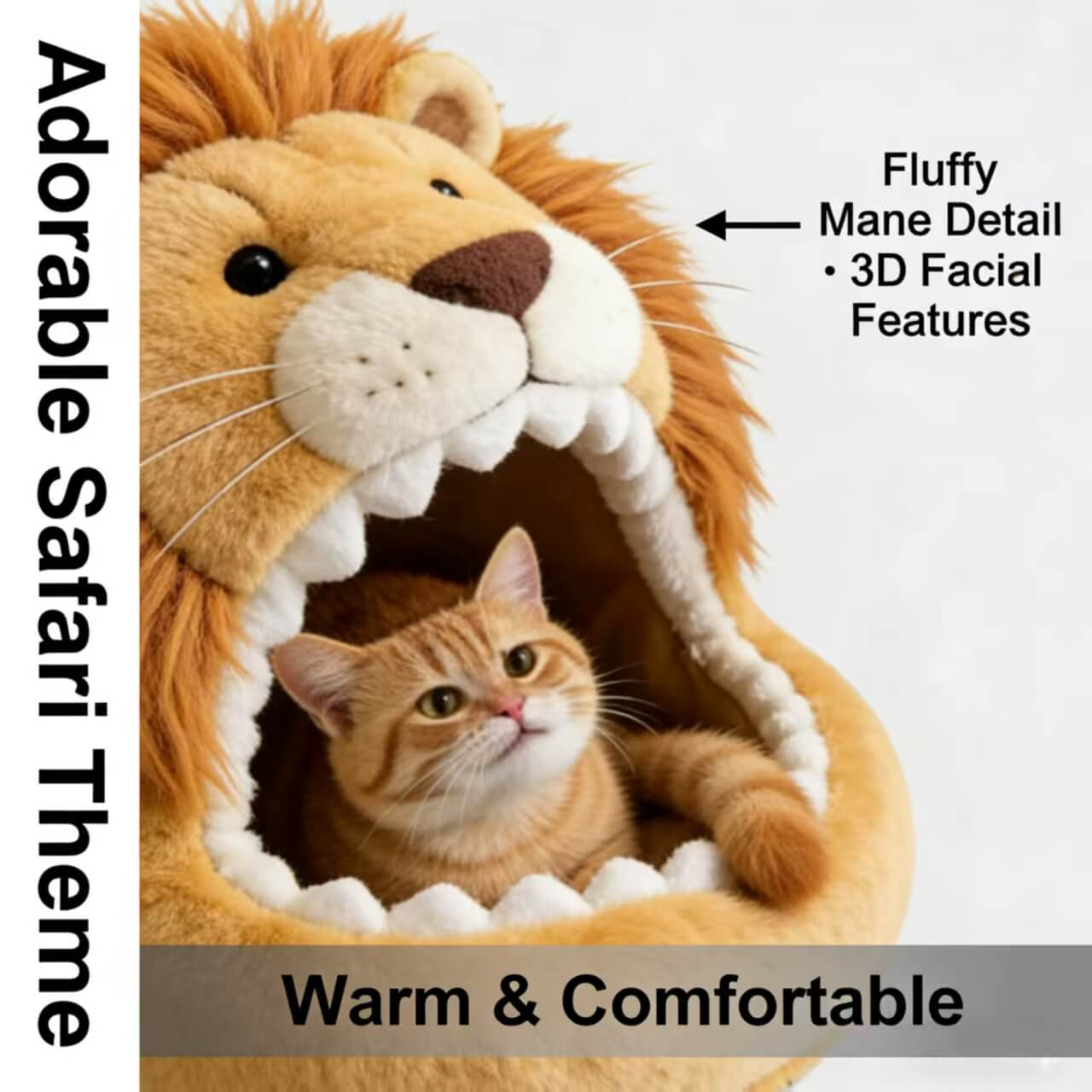 Cozy Cat Bed, Lion Head Cave Design, Soft Plush, Beige with Mane, Premium Material