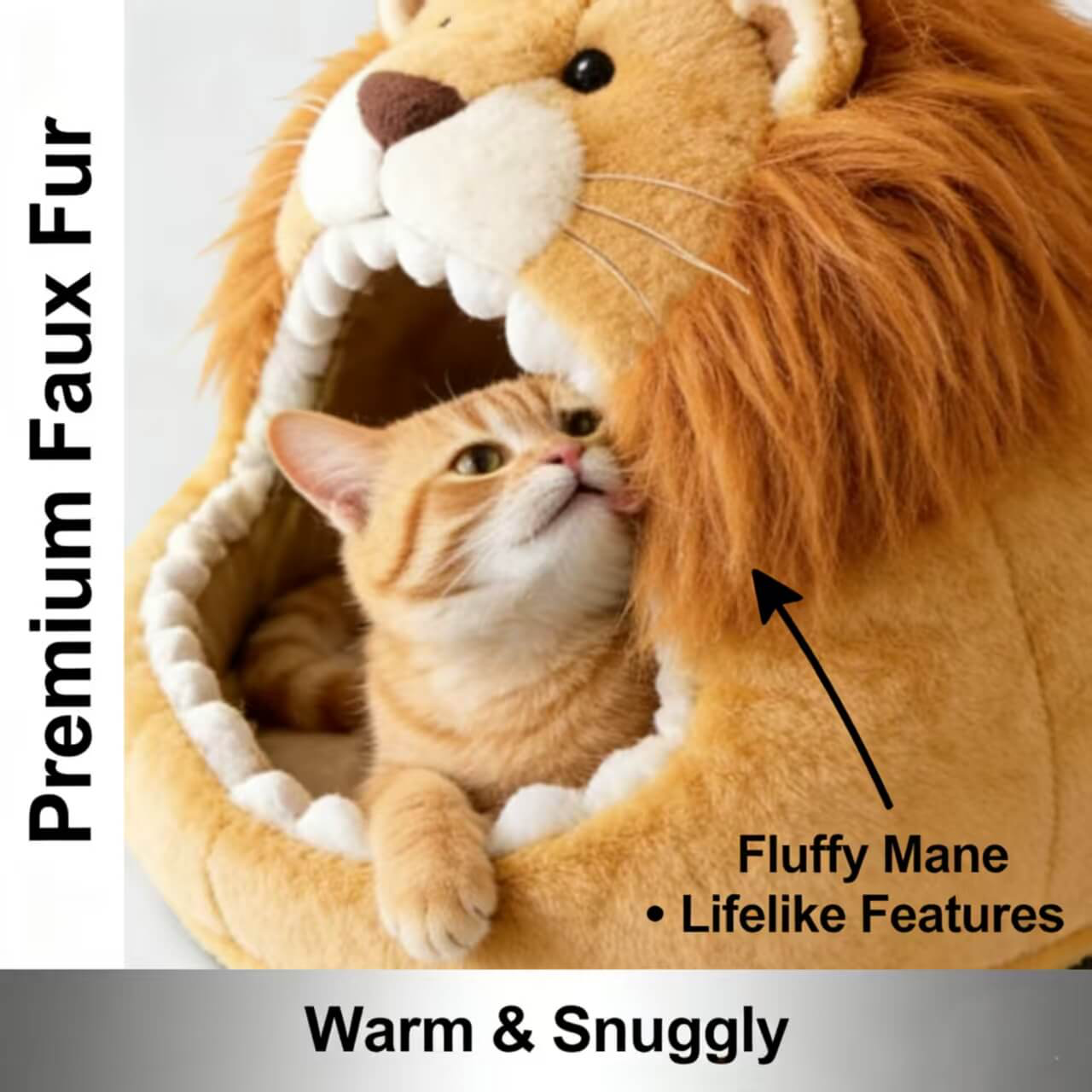 Cozy Cat Bed, Lion Head Cave Design, Soft Plush, Beige with Mane, Premium Material