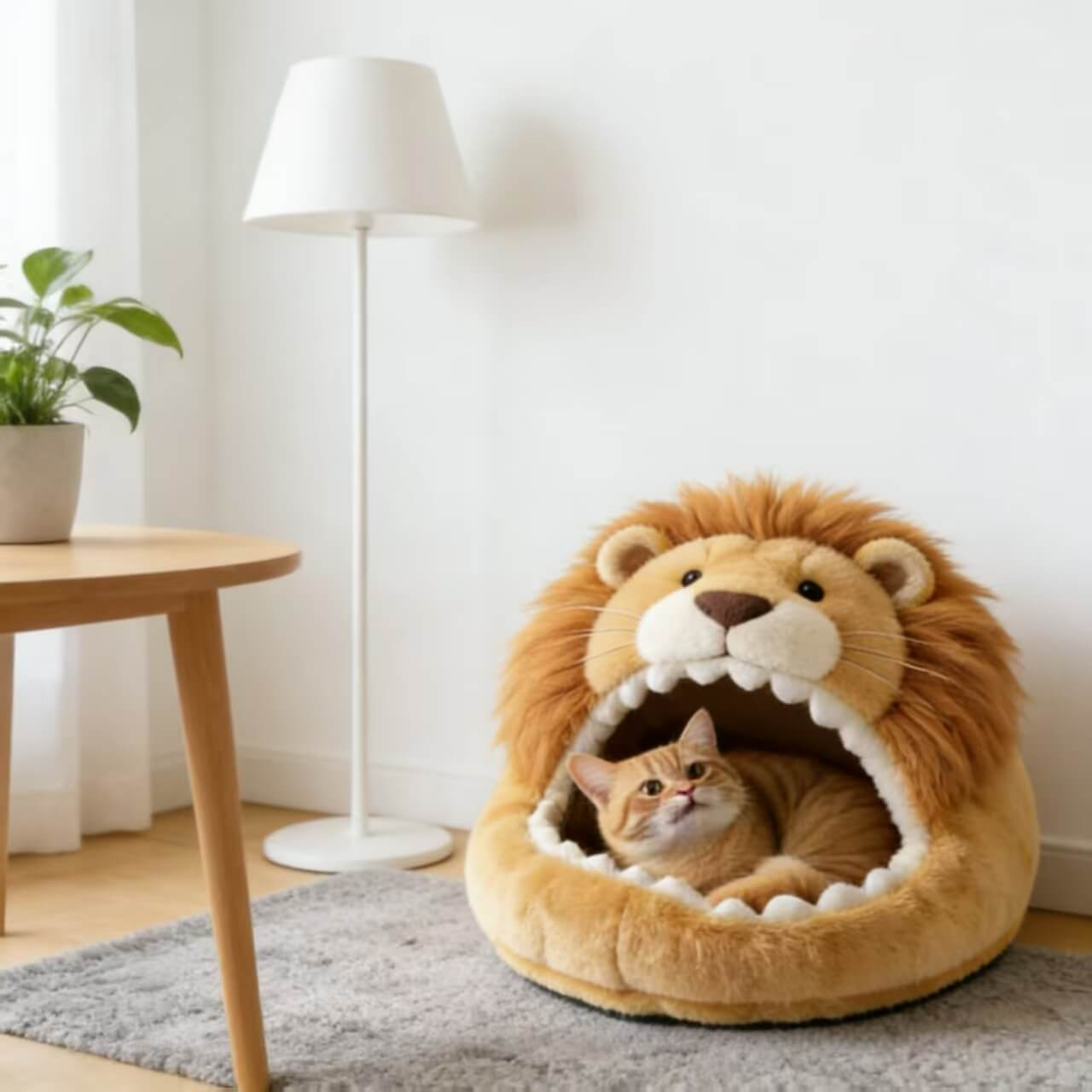 Cozy Cat Bed, Lion Head Cave Design, Soft Plush, Beige with Mane, Premium Material