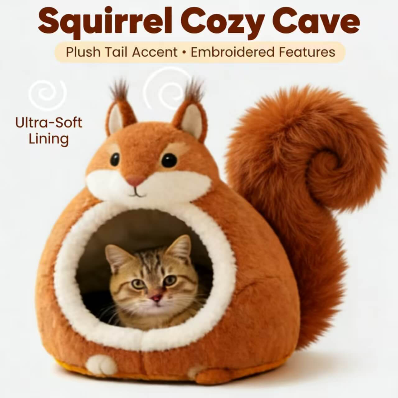  Premium Pet Bed for Cats, Squirrel Shape, Plush Fabric, Brown/White, Cozy Nook, All-Season