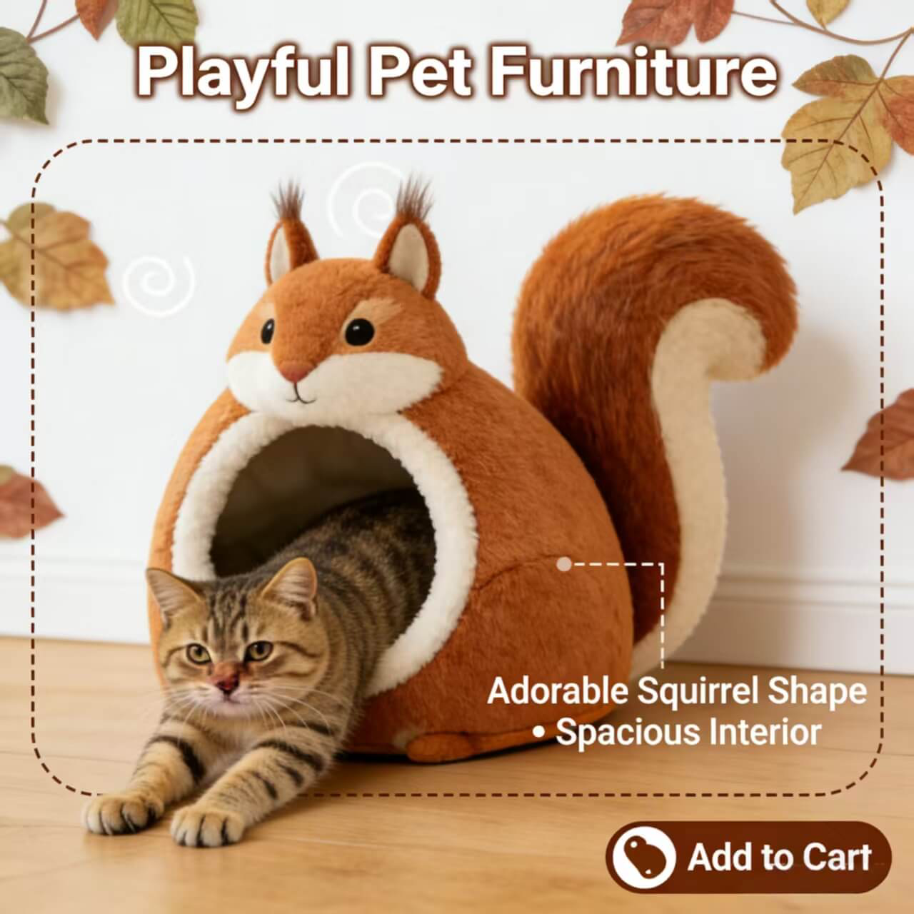  Premium Pet Bed for Cats, Squirrel Shape, Plush Fabric, Brown/White, Cozy Nook, All-Season