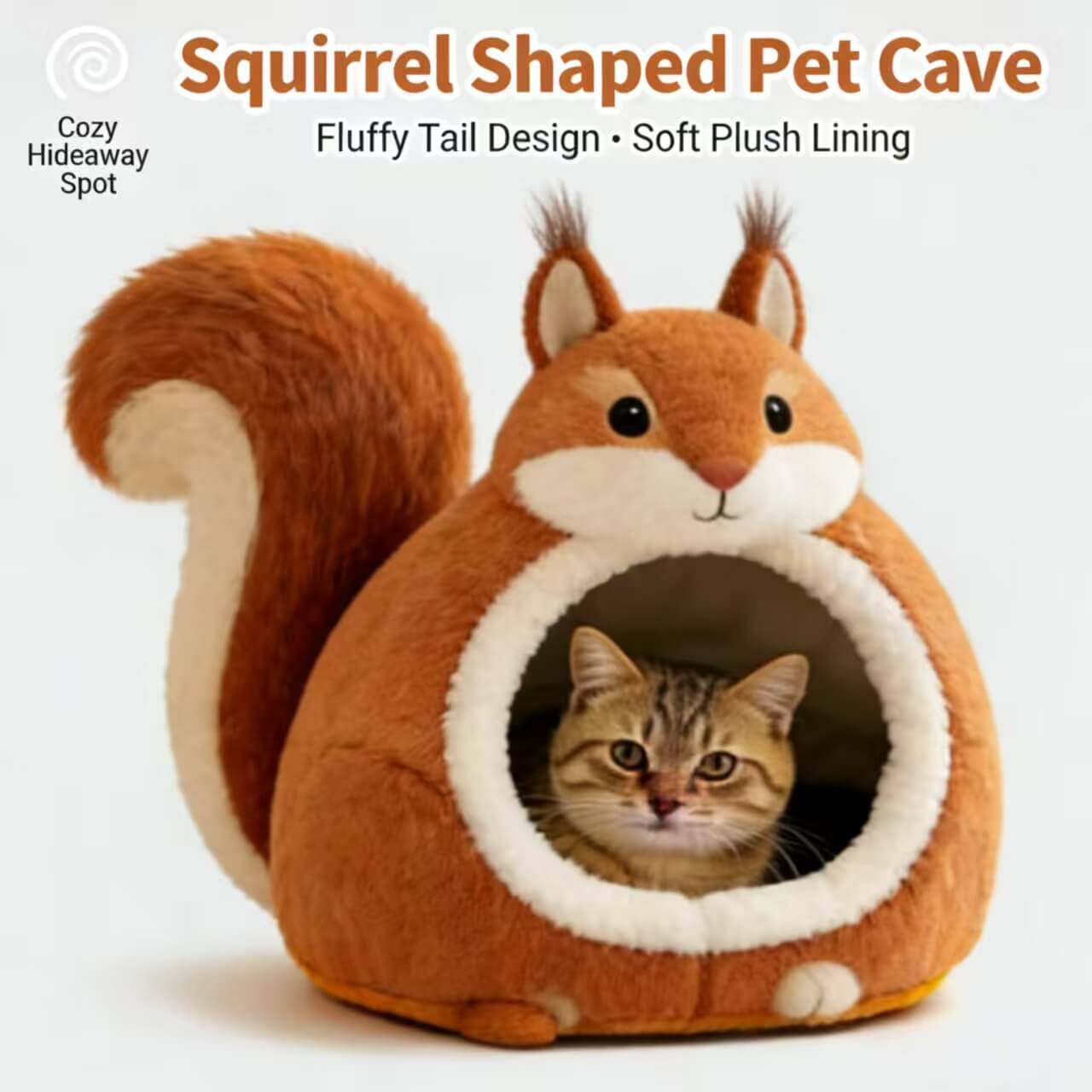  Premium Pet Bed for Cats, Squirrel Shape, Plush Fabric, Brown/White, Cozy Nook, All-Season