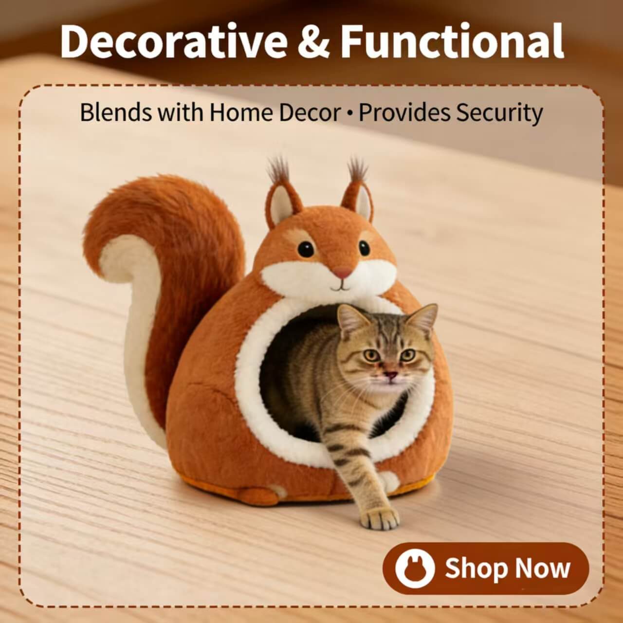  Premium Pet Bed for Cats, Squirrel Shape, Plush Fabric, Brown/White, Cozy Nook, All-Season