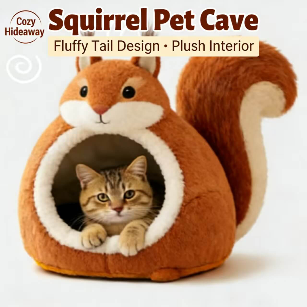 Premium Pet Bed for Cats, Squirrel Shape, Plush Fabric, Brown/White, Cozy Nook, All-Season