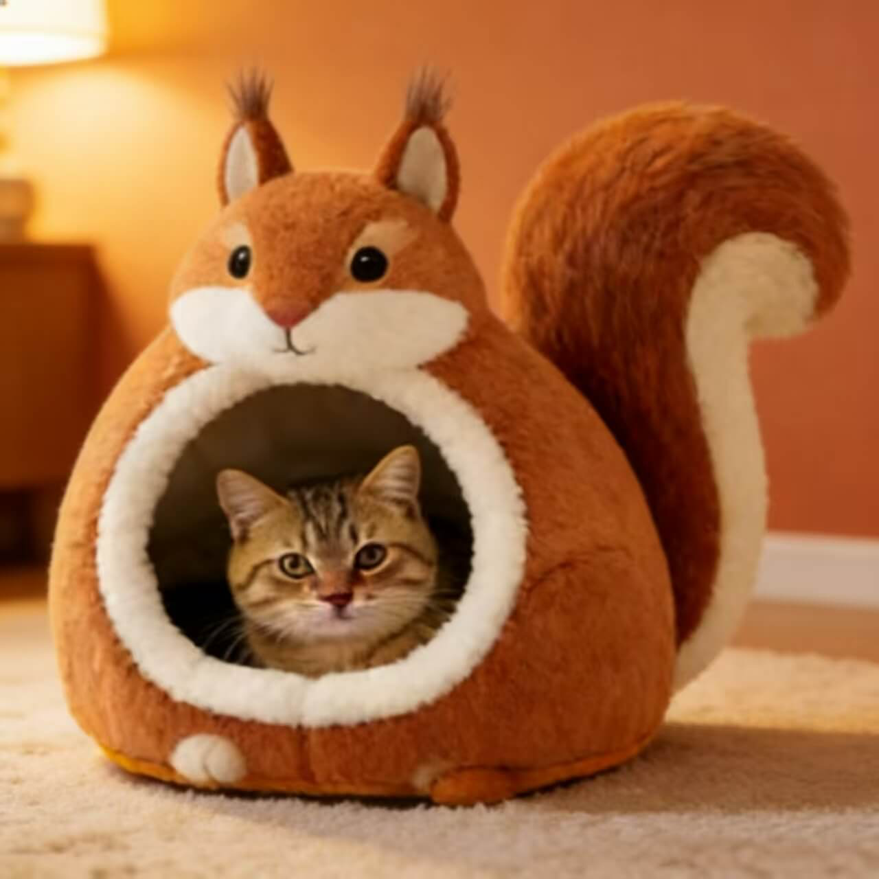  Premium Pet Bed for Cats, Squirrel Shape, Plush Fabric, Brown/White, Cozy Nook, All-Season