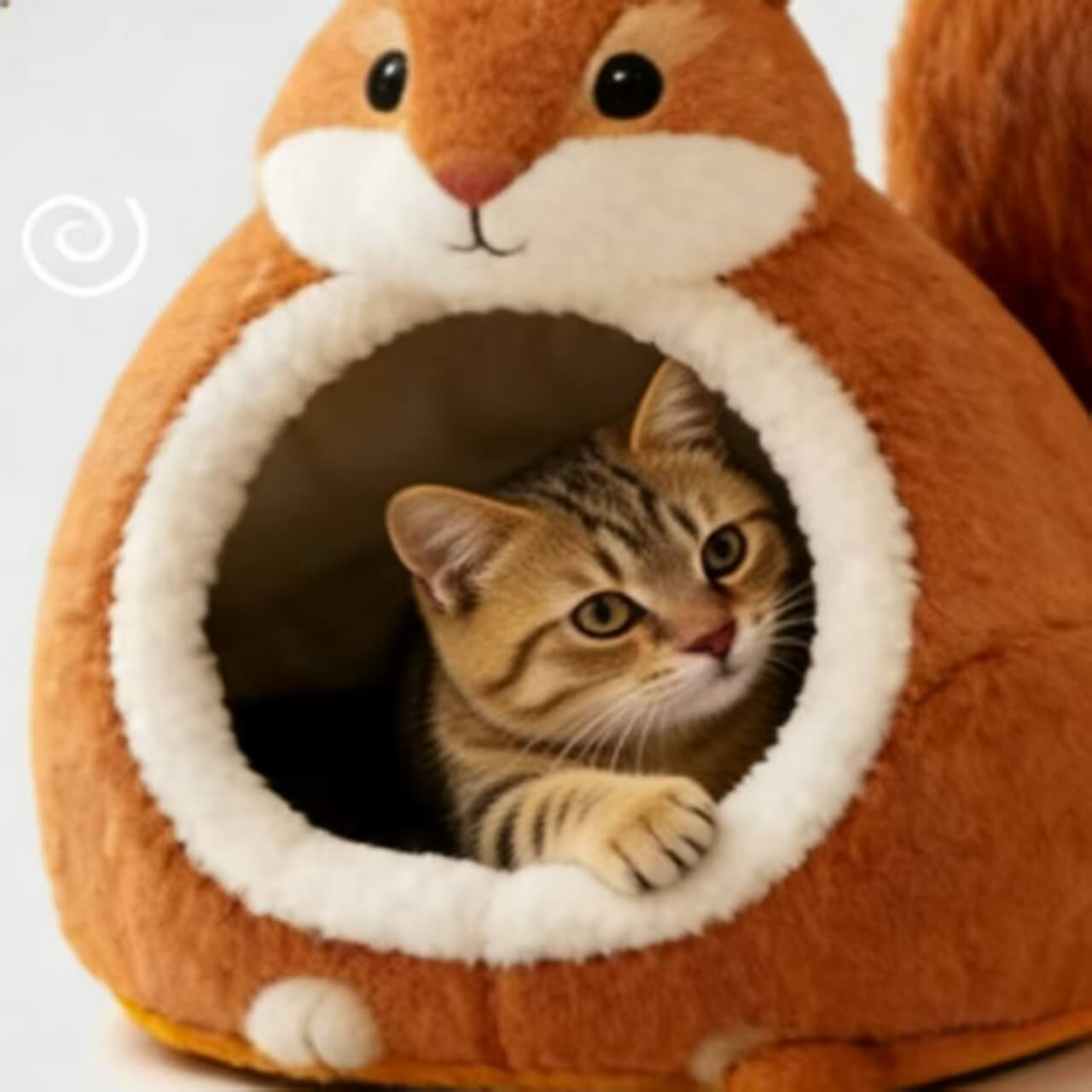  Premium Pet Bed for Cats, Squirrel Shape, Plush Fabric, Brown/White, Cozy Nook, All-Season