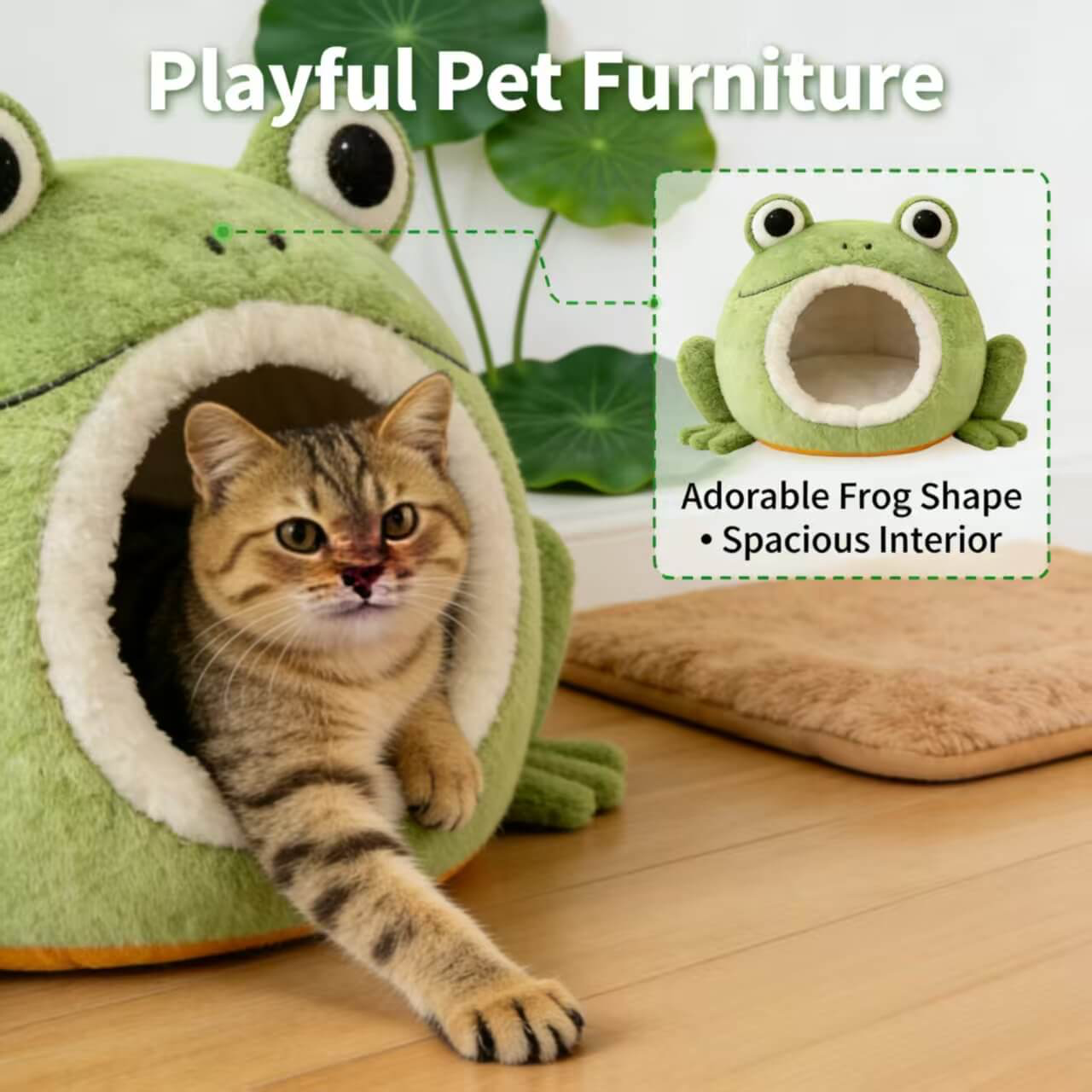  Washable Pet Bed for Cats, Frog Mouth Cave, 3D Eyes, Soft Plush, Green, All-Season