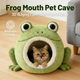  Washable Pet Bed for Cats, Frog Mouth Cave, 3D Eyes, Soft Plush, Green, All-Season