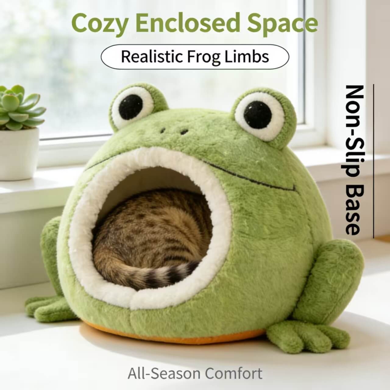  Washable Pet Bed for Cats, Frog Mouth Cave, 3D Eyes, Soft Plush, Green, All-Season