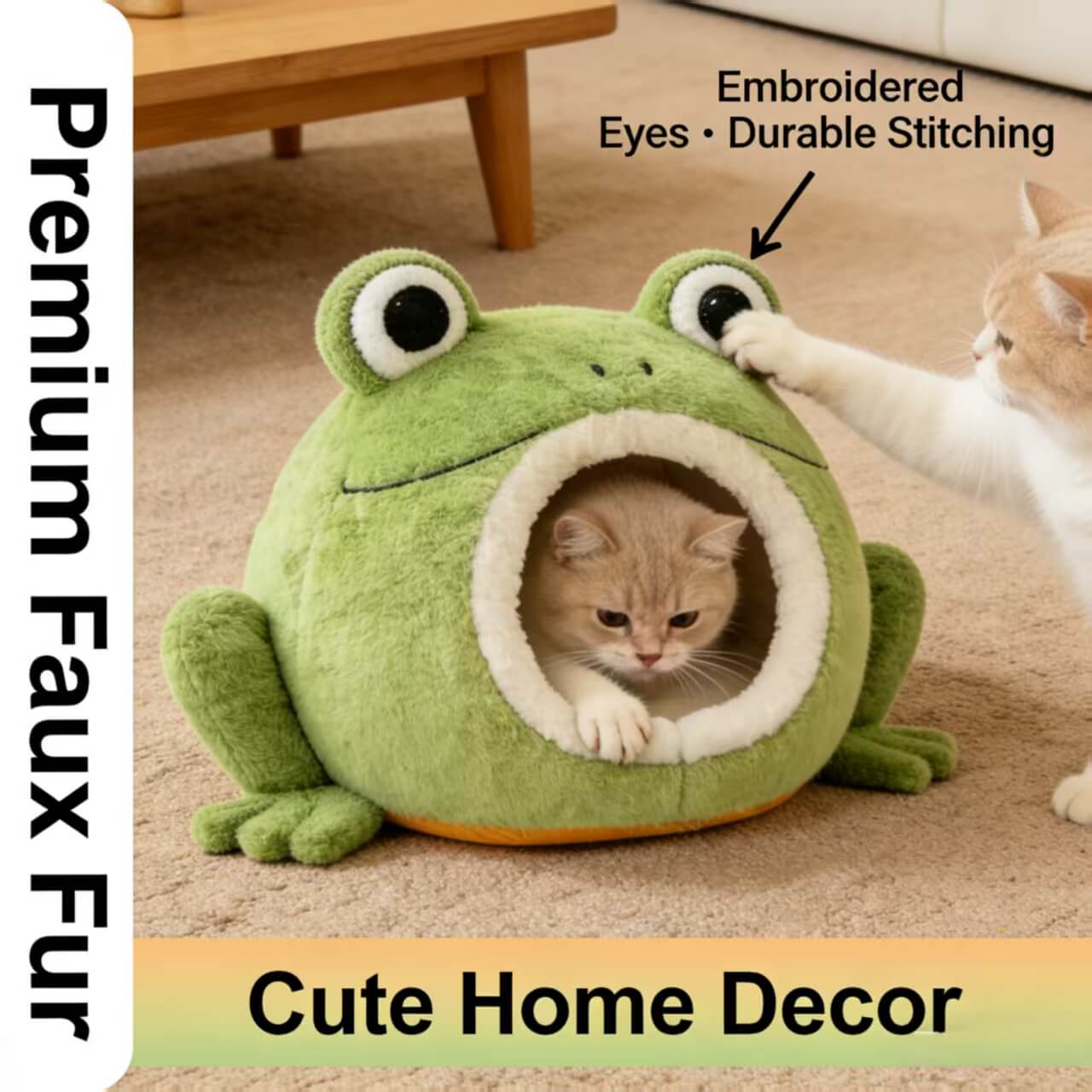  Washable Pet Bed for Cats, Frog Mouth Cave, 3D Eyes, Soft Plush, Green, All-Season