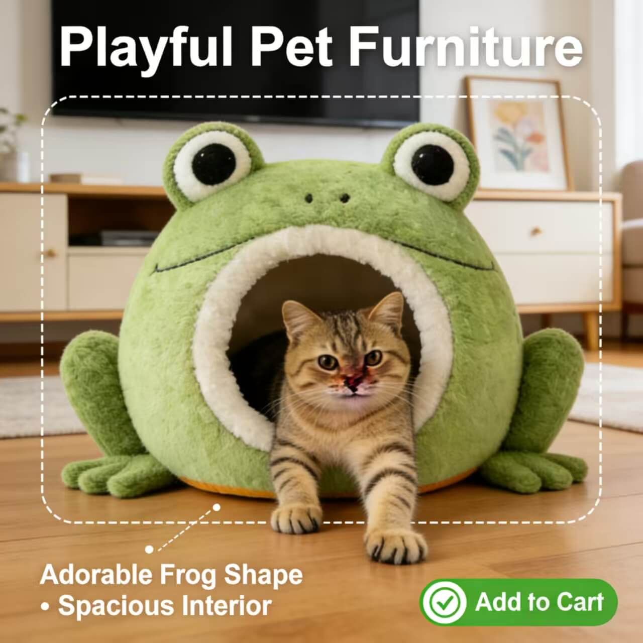  Washable Pet Bed for Cats, Frog Mouth Cave, 3D Eyes, Soft Plush, Green, All-Season