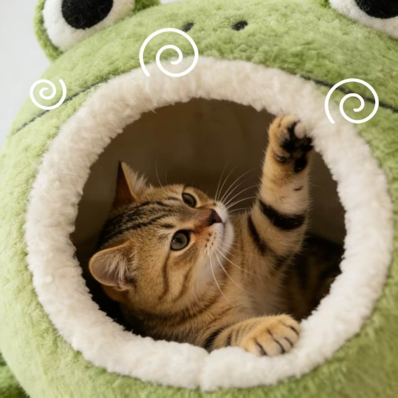  Washable Pet Bed for Cats, Frog Mouth Cave, 3D Eyes, Soft Plush, Green, All-Season