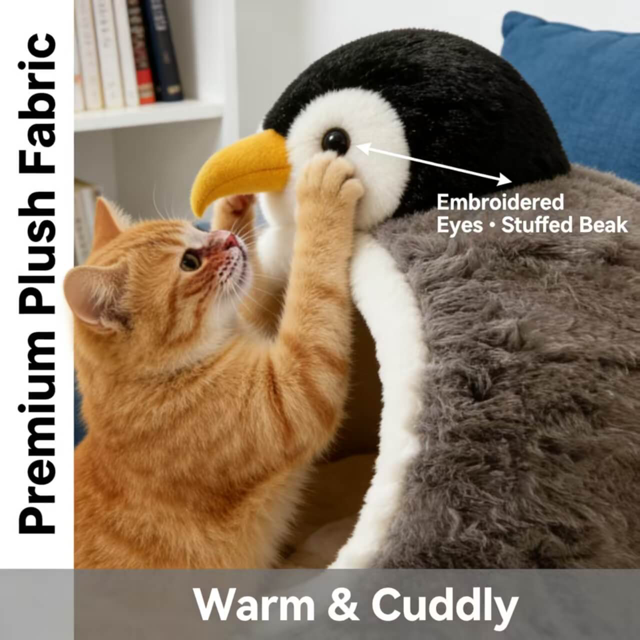  Cozy Cat Bed, Penguin Sanctuary Design, Plush Gray Fur, Non-Slip Base, 3D Beak/Flipper