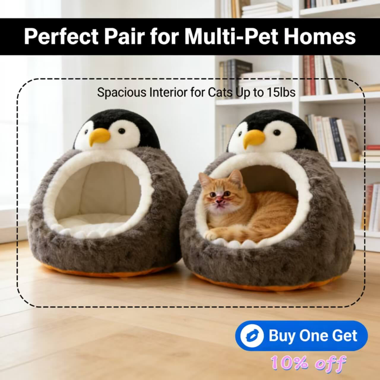  Cozy Cat Bed, Penguin Sanctuary Design, Plush Gray Fur, Non-Slip Base, 3D Beak/Flipper