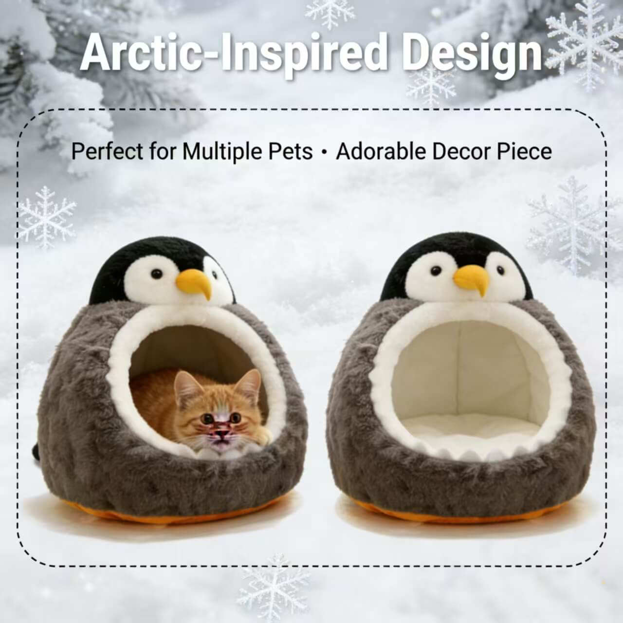  Cozy Cat Bed, Penguin Sanctuary Design, Plush Gray Fur, Non-Slip Base, 3D Beak/Flipper