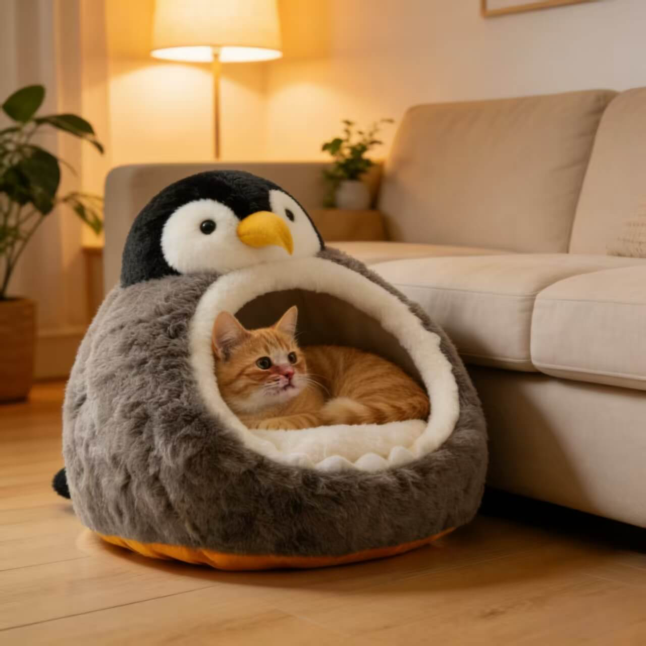  Cozy Cat Bed, Penguin Sanctuary Design, Plush Gray Fur, Non-Slip Base, 3D Beak/Flipper