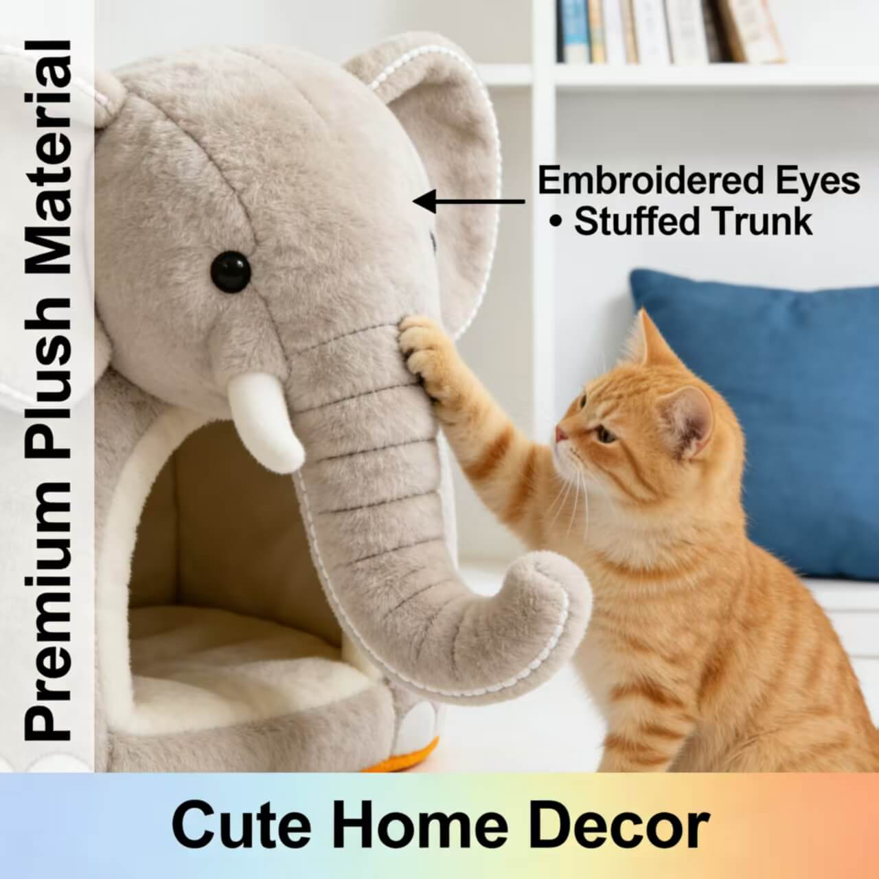 Cat Bed, Elephant Shape,  Gray, Plush Cave Nest, Decorative Pet Furniture