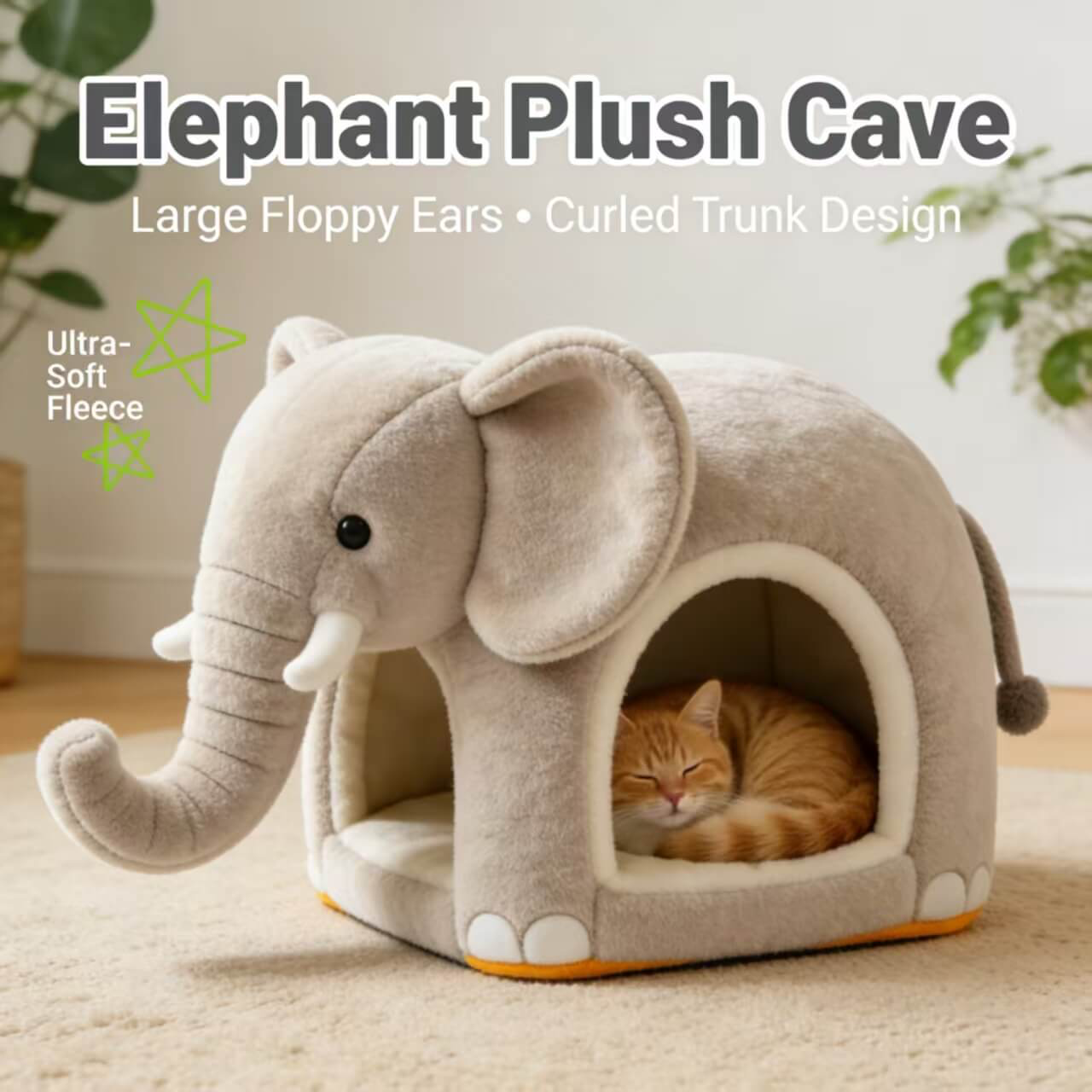 Cat Bed, Elephant Shape,  Gray, Plush Cave Nest, Decorative Pet Furniture