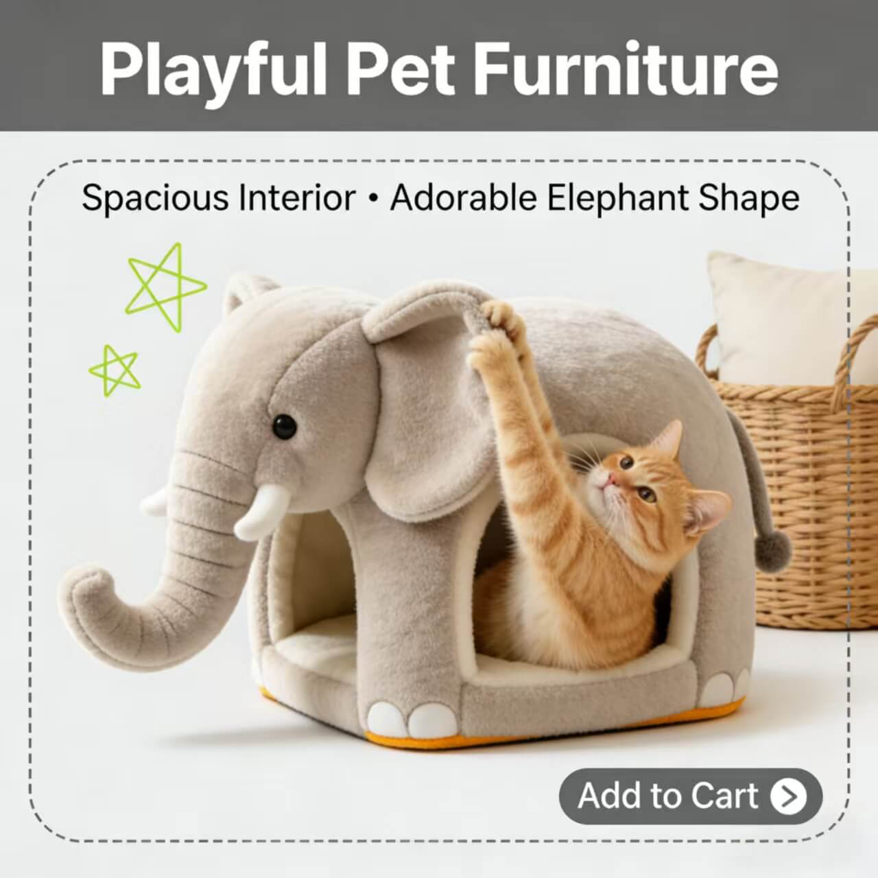 Cat Bed, Elephant Shape,  Gray, Plush Cave Nest, Decorative Pet Furniture