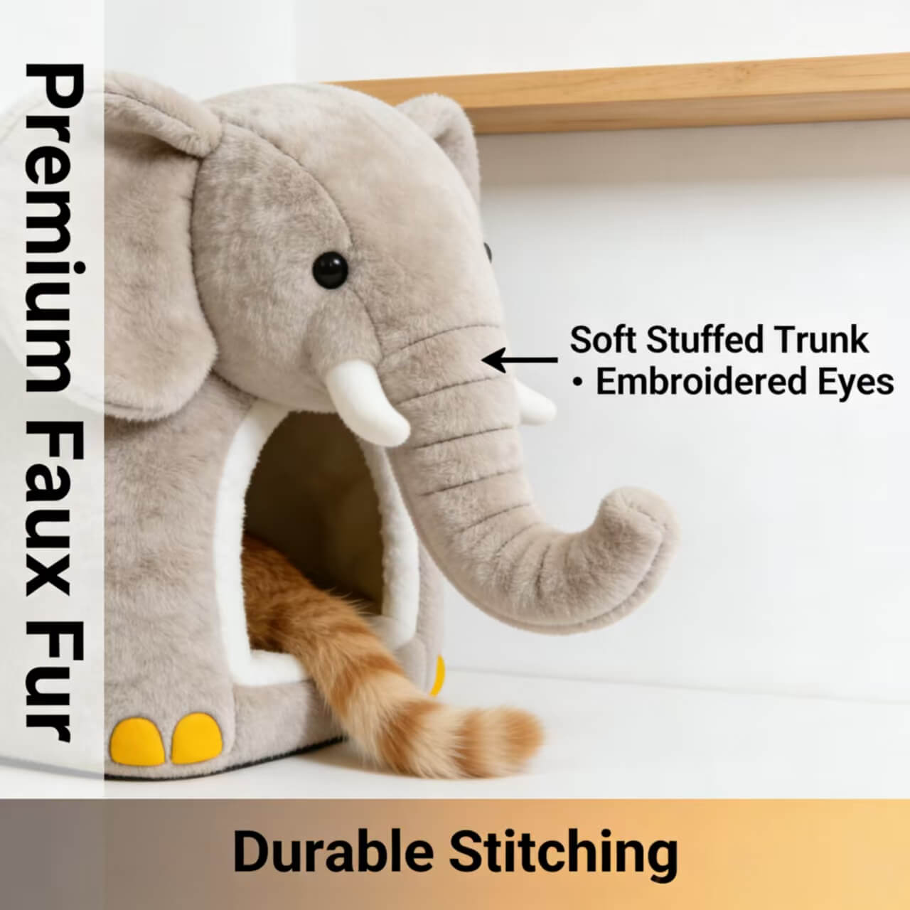 Cat Bed, Elephant Shape,  Gray, Plush Cave Nest, Decorative Pet Furniture