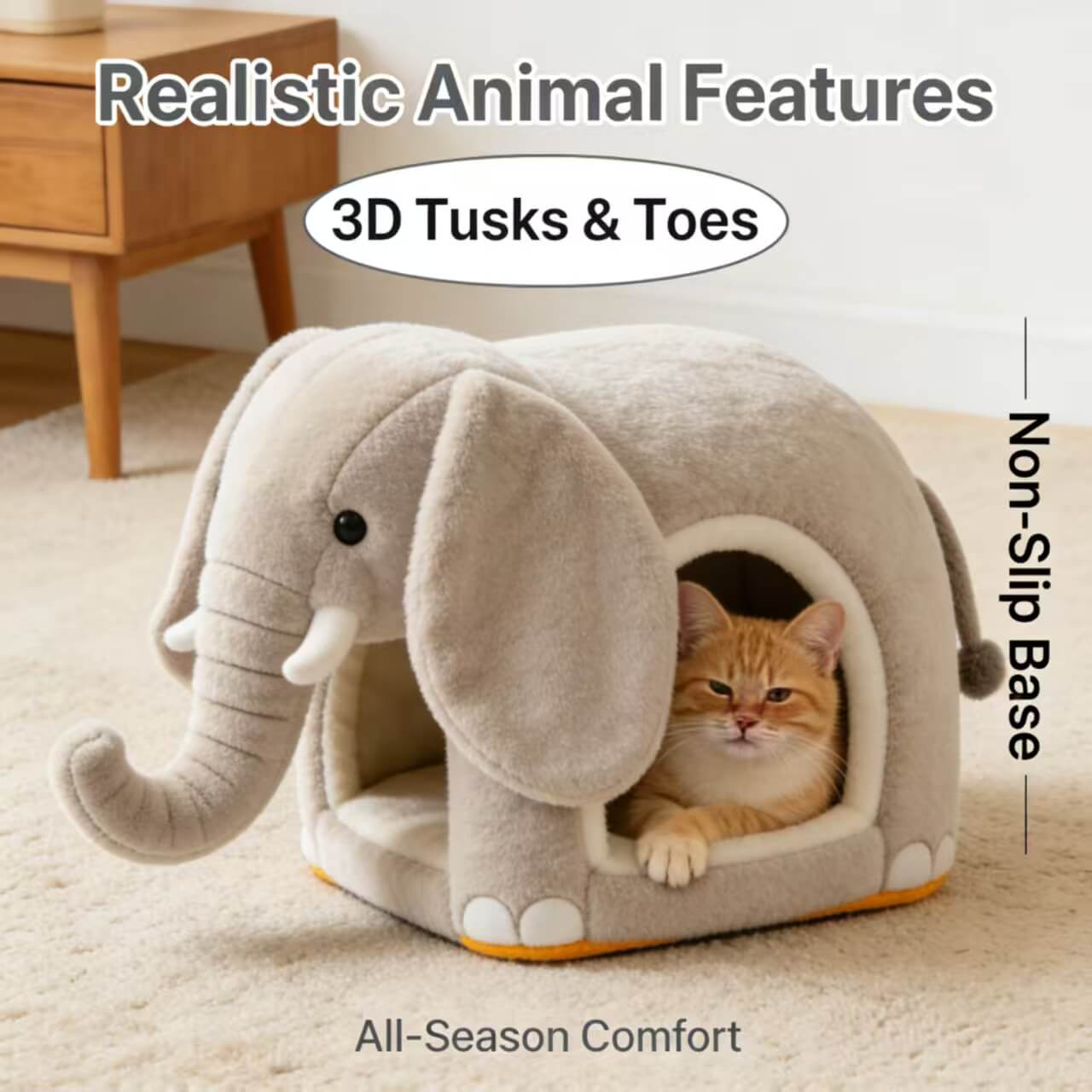 Cat Bed, Elephant Shape,  Gray, Plush Cave Nest, Decorative Pet Furniture