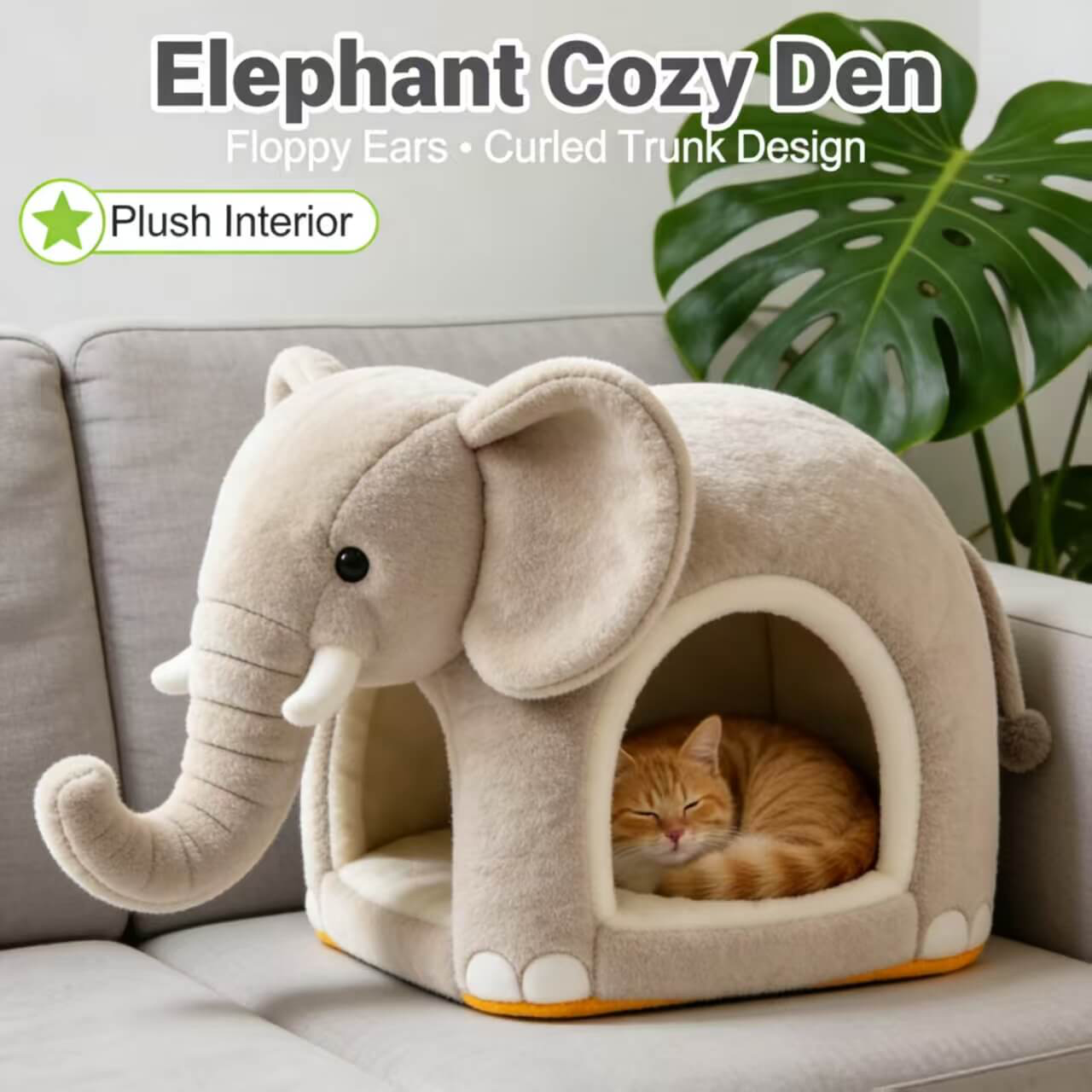 Cat Bed, Elephant Shape,  Gray, Plush Cave Nest, Decorative Pet Furniture
