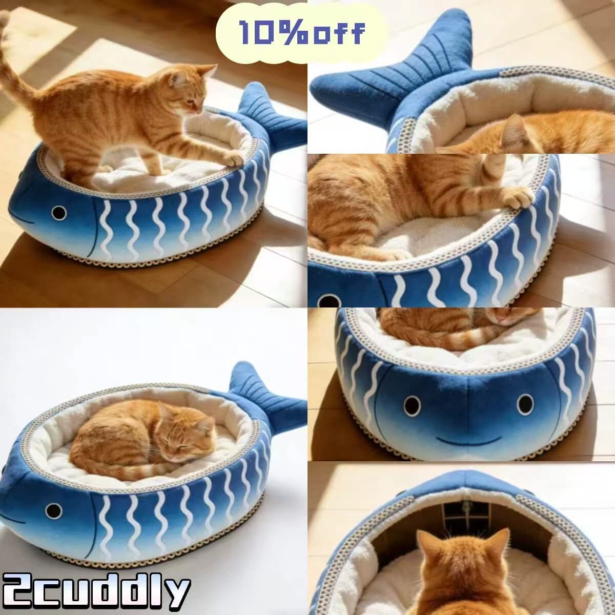 Ocean-Themed Cat Bed, Fish Structure, Non-Slip Base, Blue, Plush Details, Aquatic Nest
