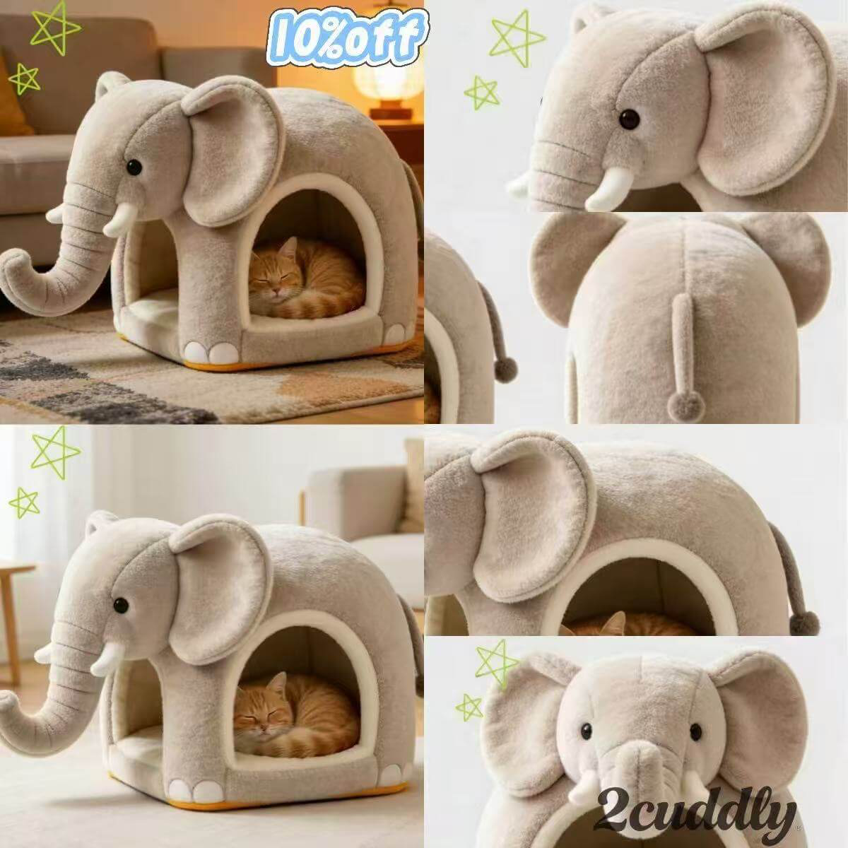 Cat Bed, Elephant Shape,  Gray, Plush Cave Nest, Decorative Pet Furniture