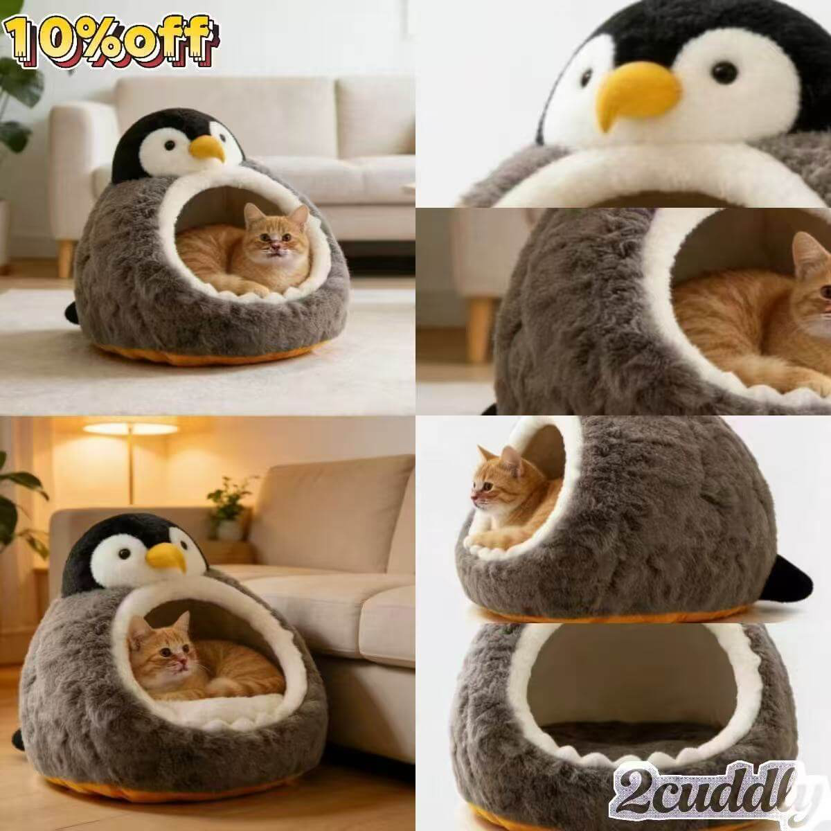  Cozy Cat Bed, Penguin Sanctuary Design, Plush Gray Fur, Non-Slip Base, 3D Beak/Flipper