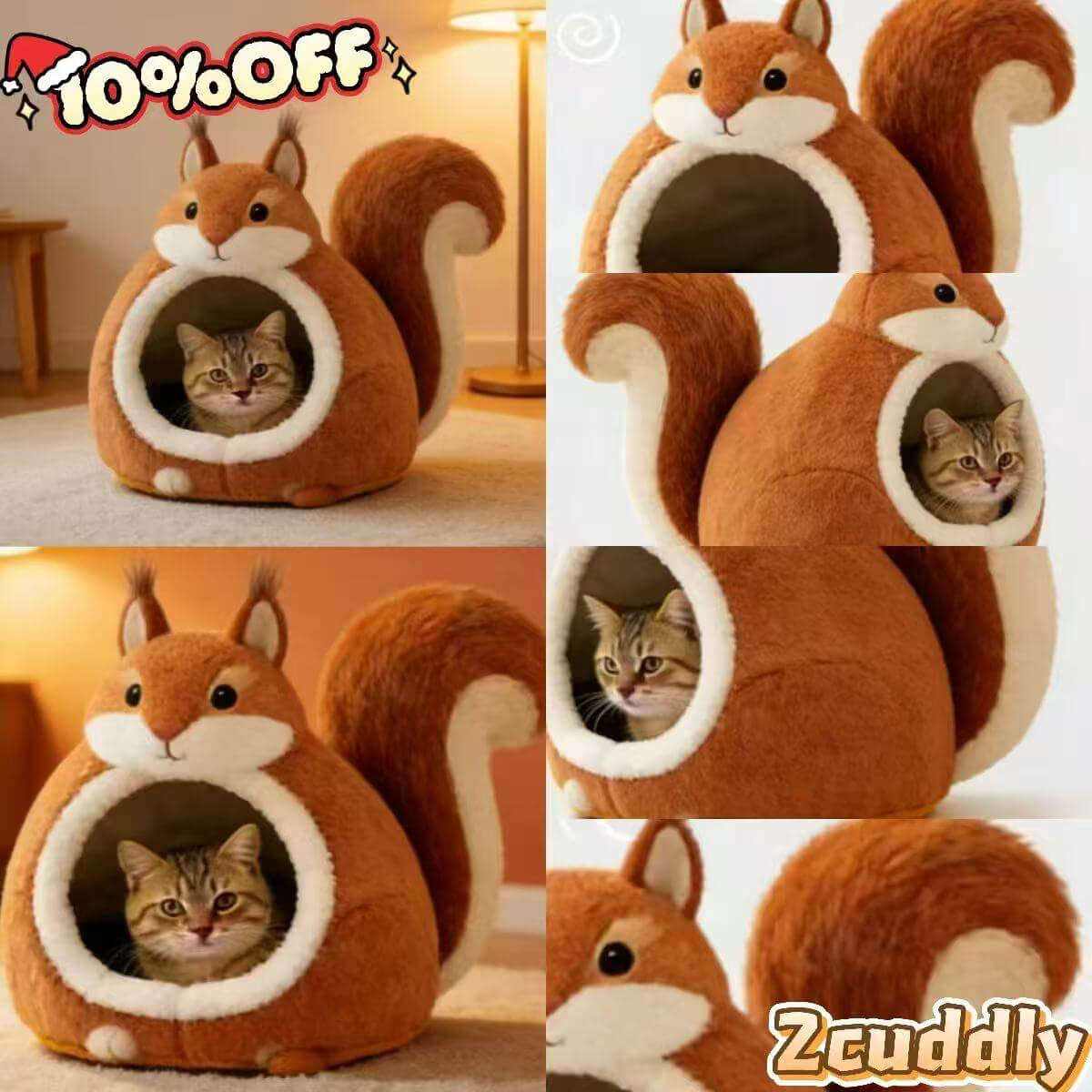  Premium Pet Bed for Cats, Squirrel Shape, Plush Fabric, Brown/White, Cozy Nook, All-Season