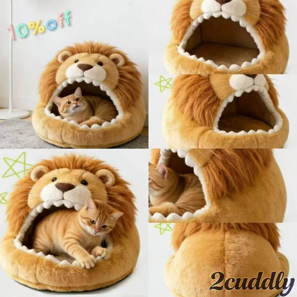 Cozy Cat Bed, Lion Head Cave Design, Soft Plush, Beige with Mane, Premium Material