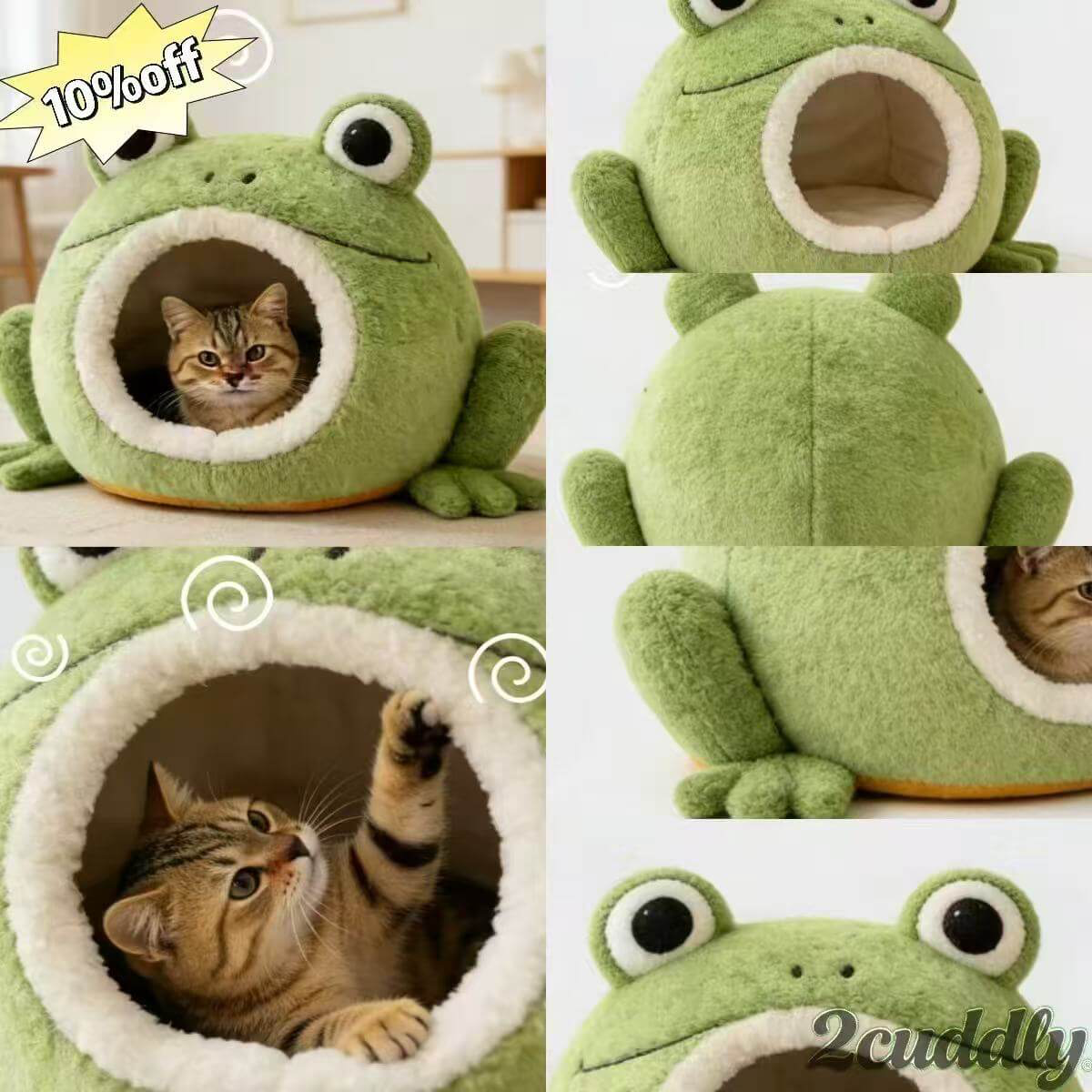  Washable Pet Bed for Cats, Frog Mouth Cave, 3D Eyes, Soft Plush, Green, All-Season