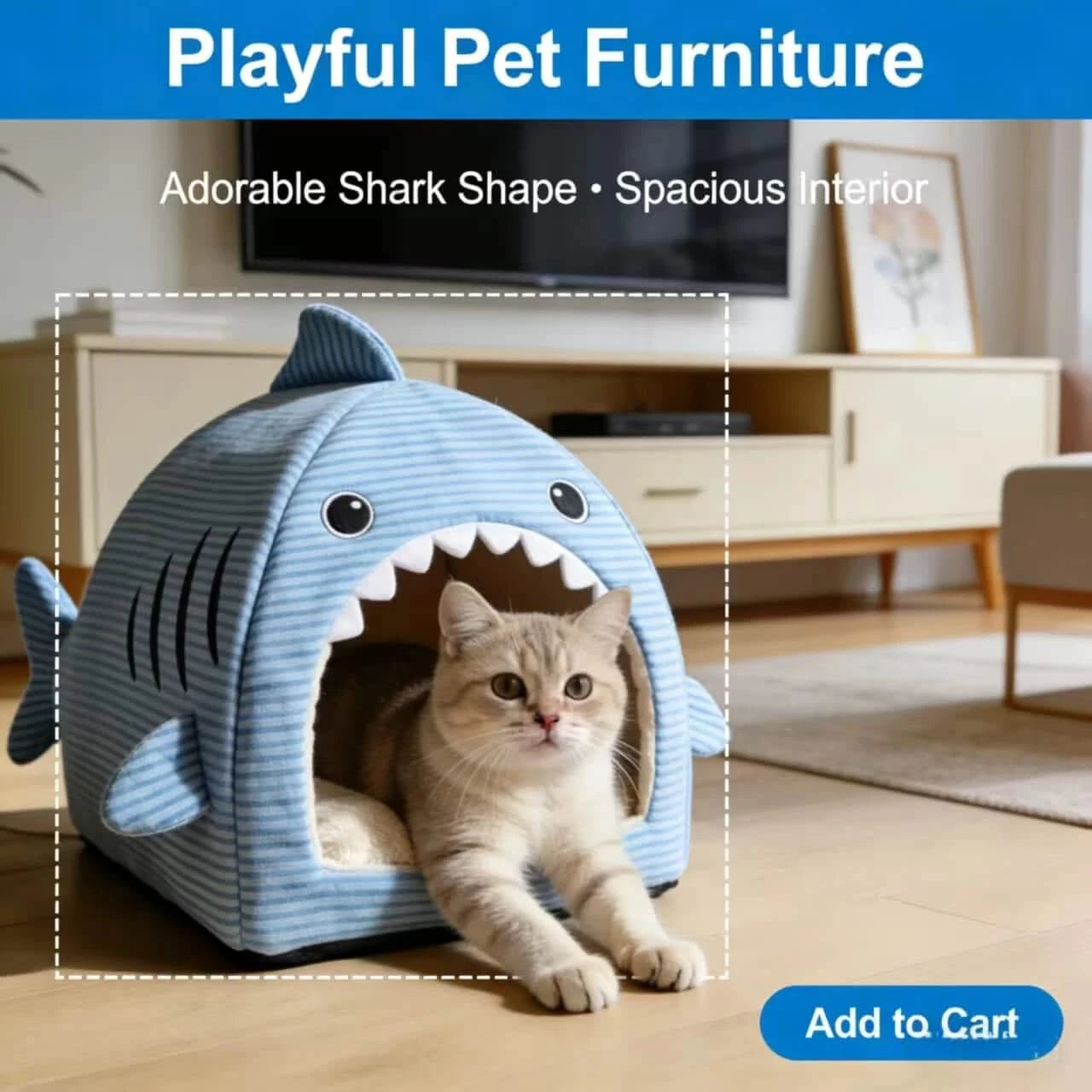 Adorable Cat Bed, Shark Shape, Spacious Interior, Blue Striped Fabric, All-Season