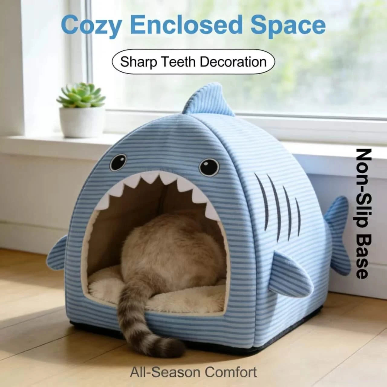 Adorable Cat Bed, Shark Shape, Spacious Interior, Blue Striped Fabric, All-Season