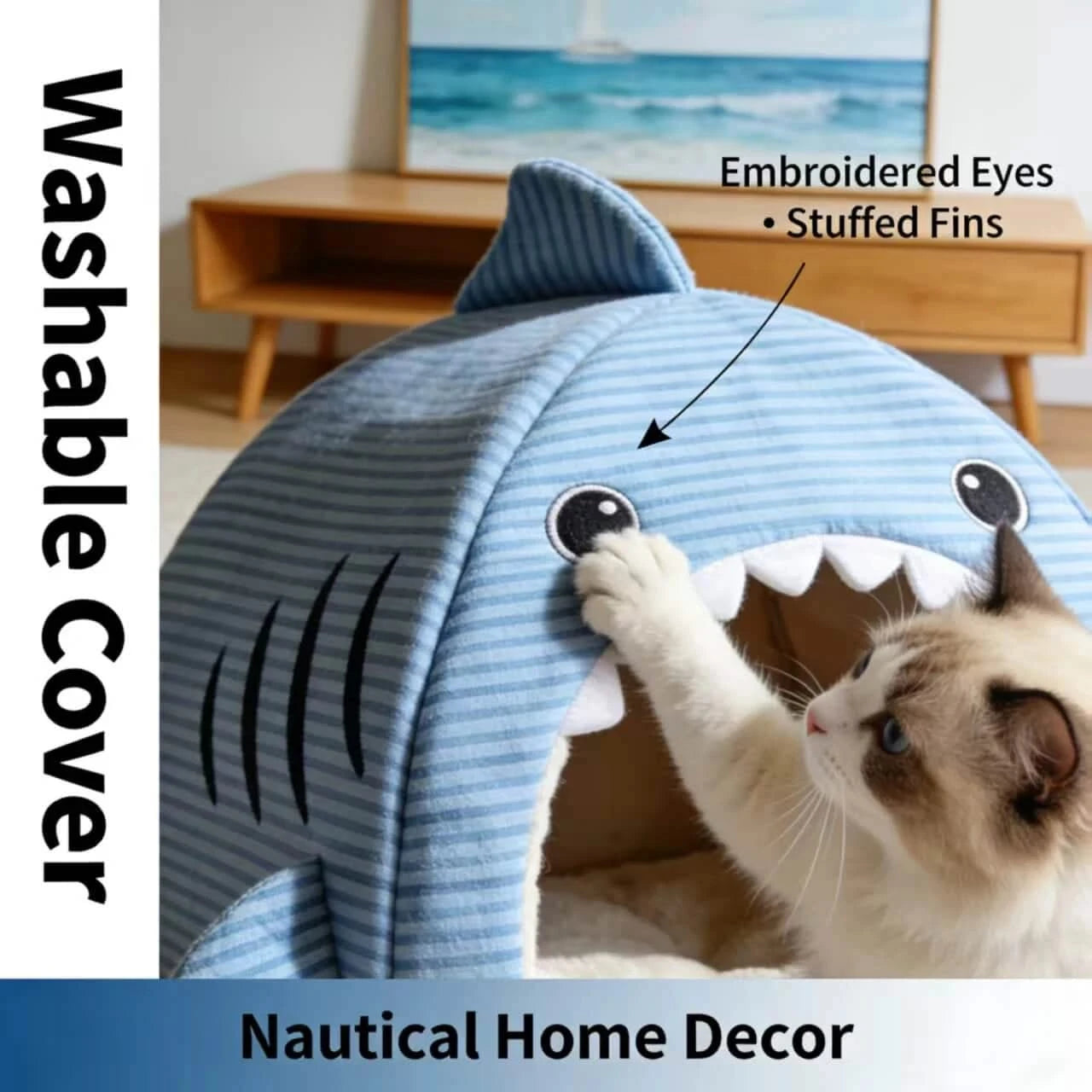 Adorable Cat Bed, Shark Shape, Spacious Interior, Blue Striped Fabric, All-Season