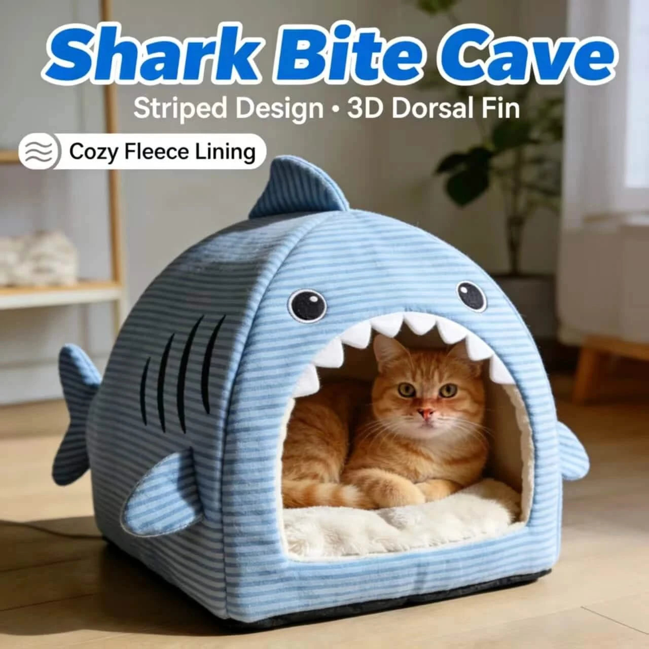 Adorable Cat Bed, Shark Shape, Spacious Interior, Blue Striped Fabric, All-Season